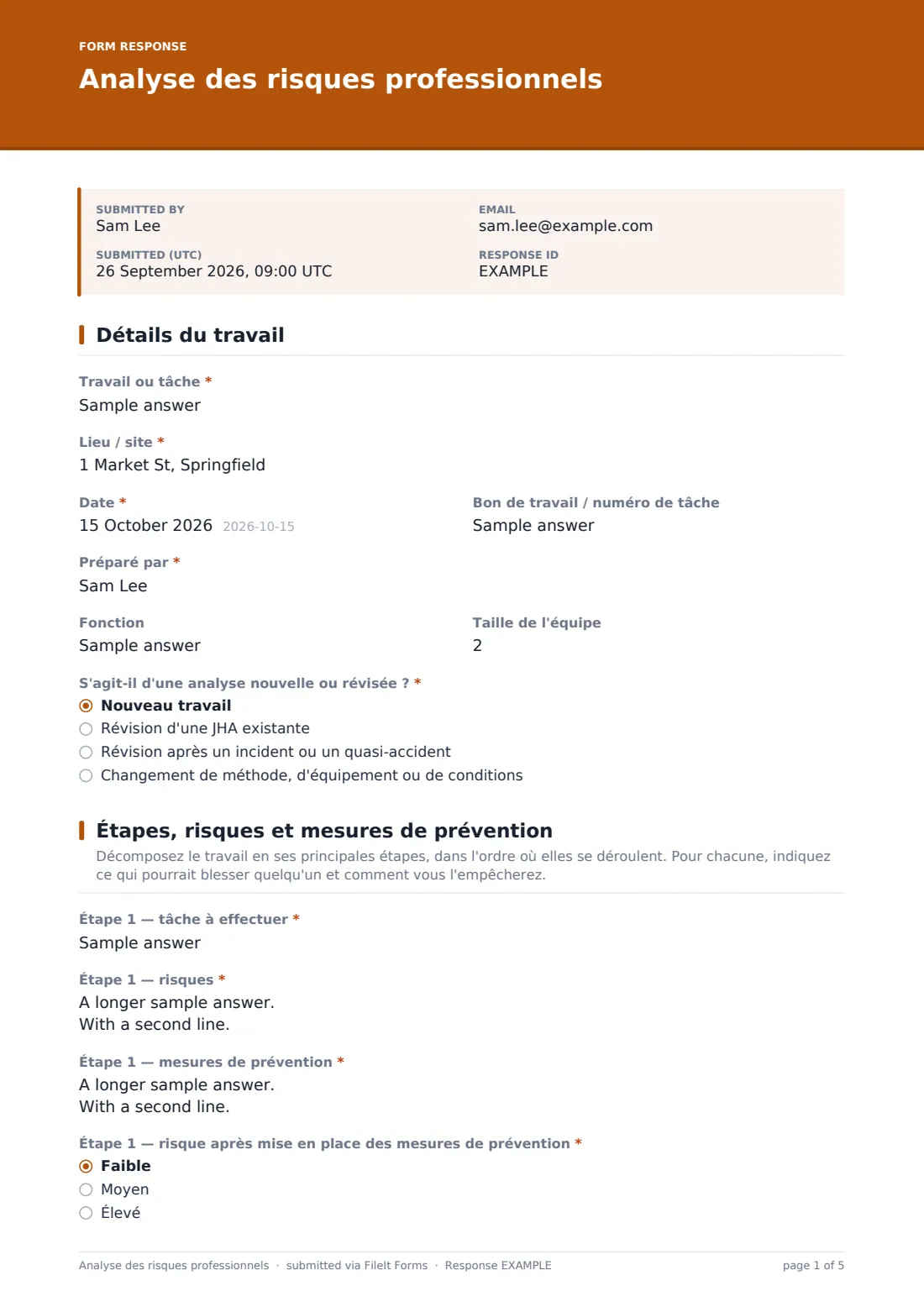 Analyse des risques professionnels — exemple de réponse au format PDF, page 1 sur 5