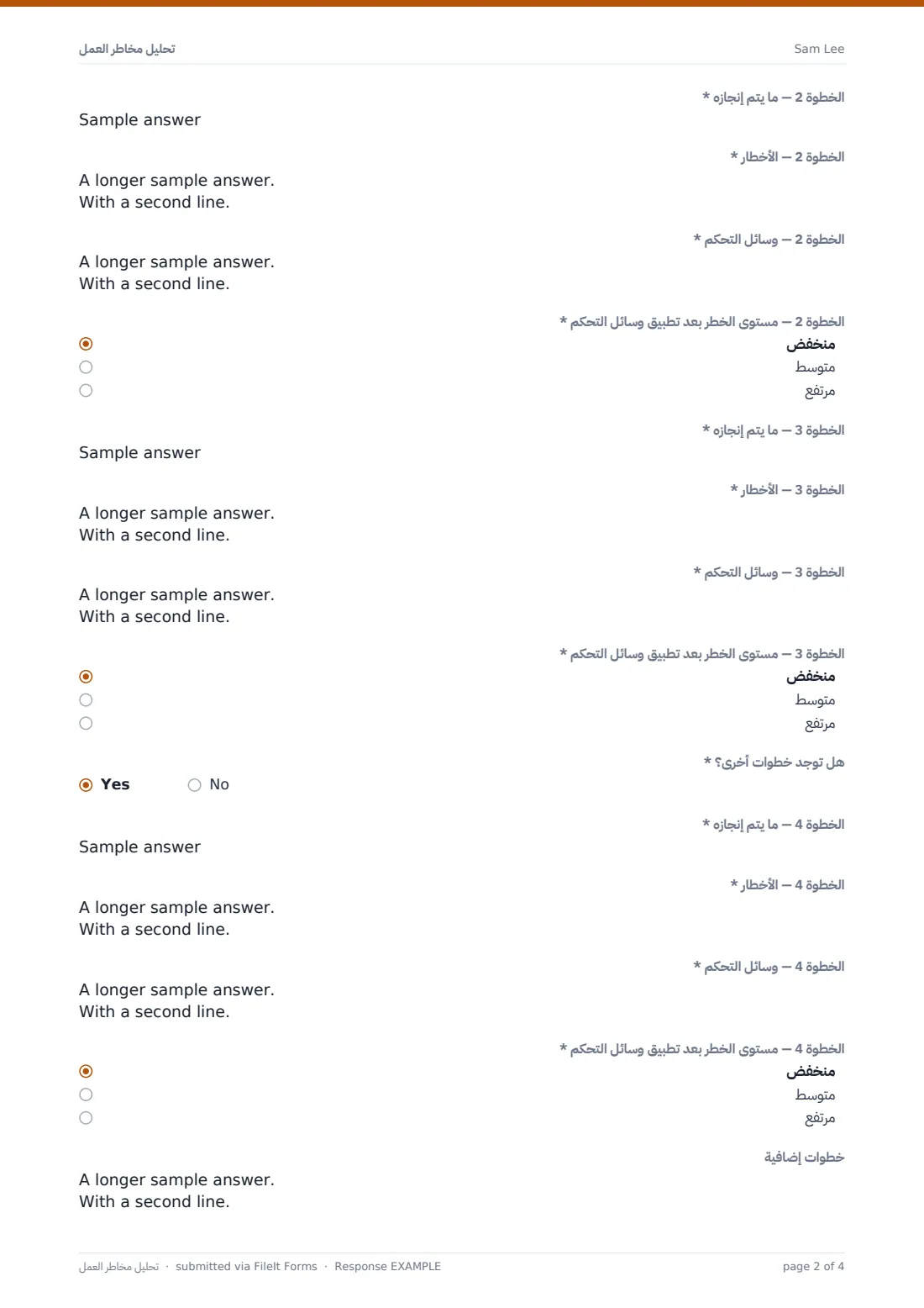 تحليل مخاطر العمل — ملف PDF لرد نموذجي، الصفحة 2 من 4