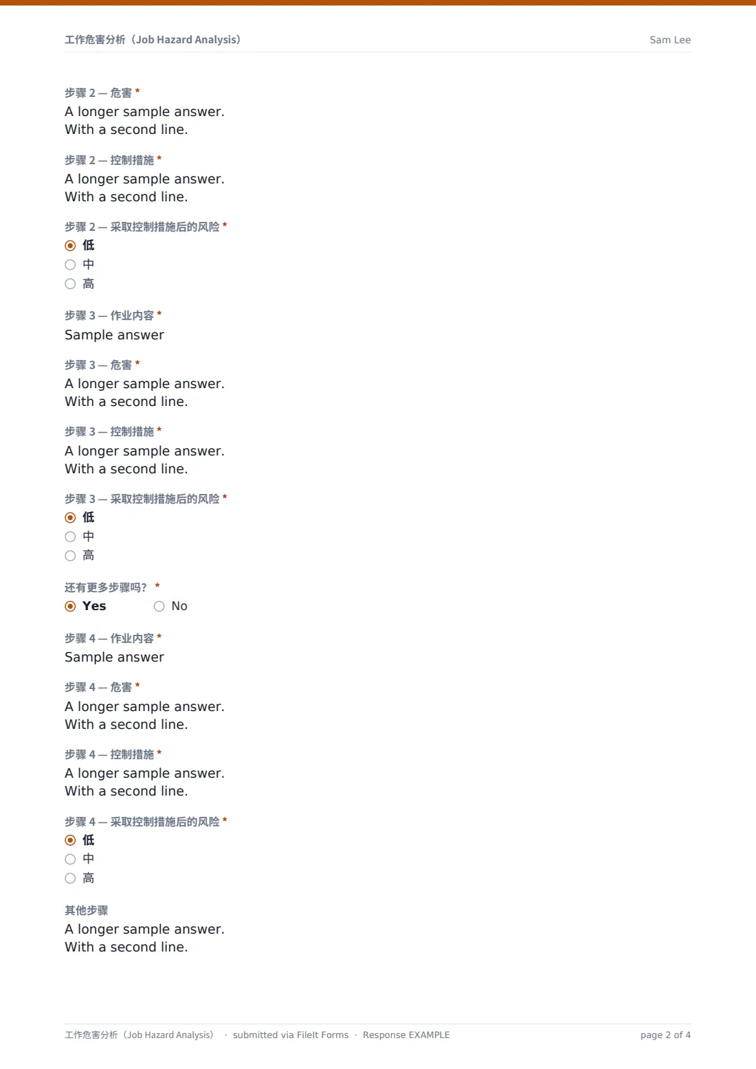 工作危害分析（Job Hazard Analysis） — 示例回复 PDF，第 2 页，共 4 页