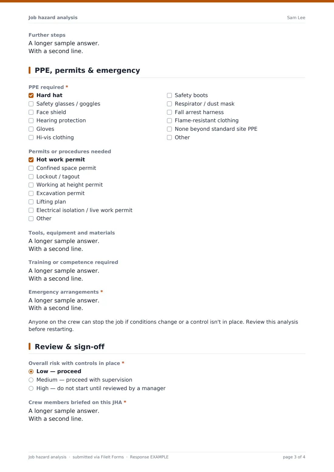 Job hazard analysis — example response PDF, page 3 of 4