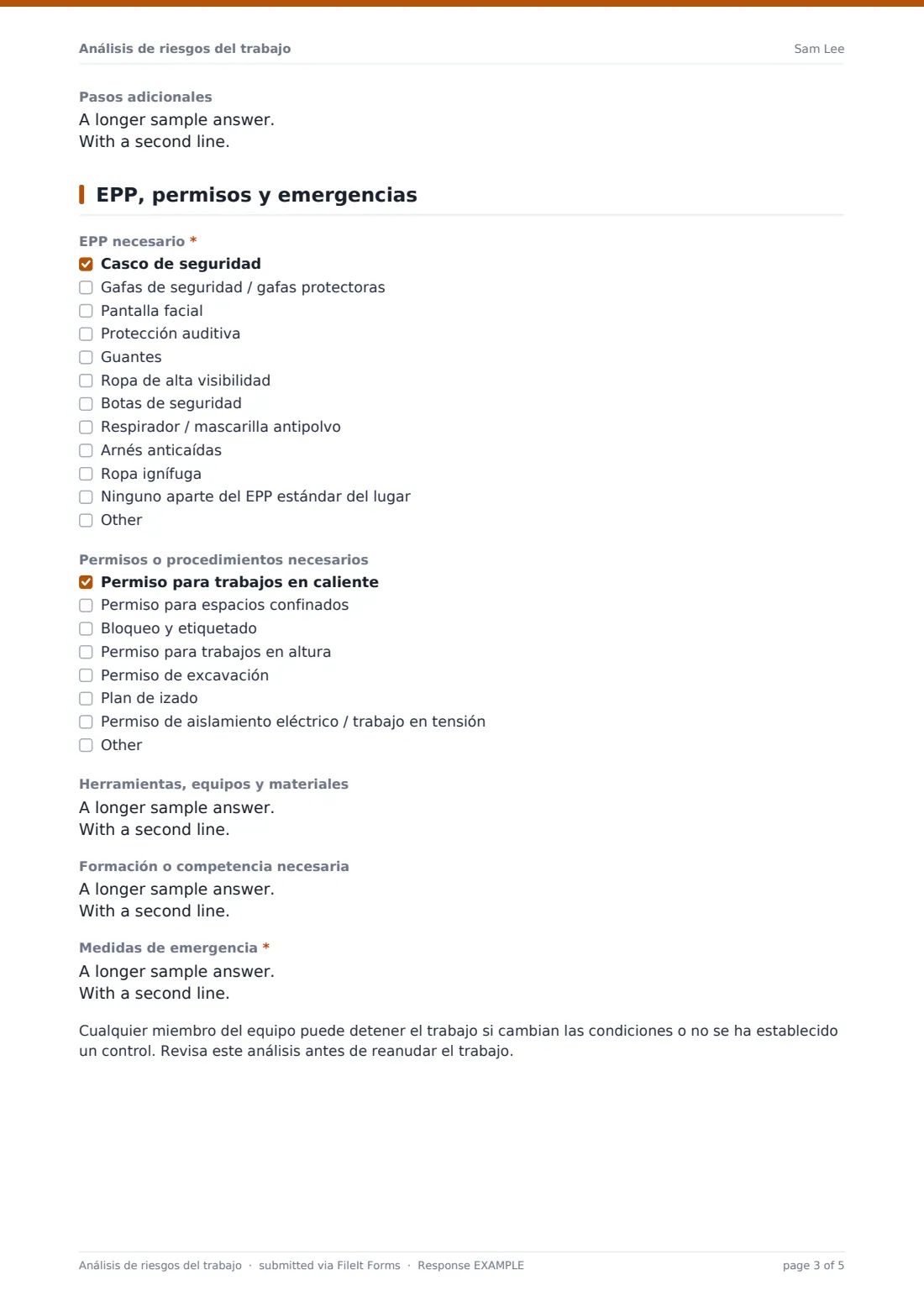 Análisis de riesgos del trabajo — PDF de respuesta de ejemplo, página 3 de 5
