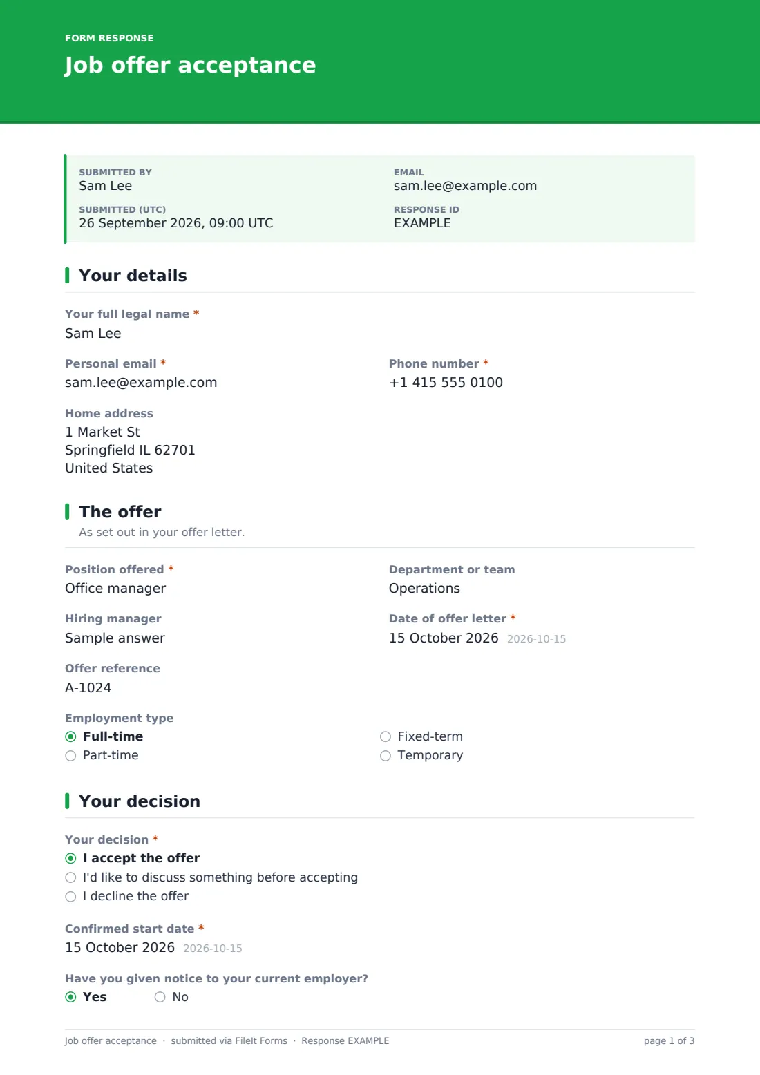 Job offer acceptance — example response PDF, page 1 of 3