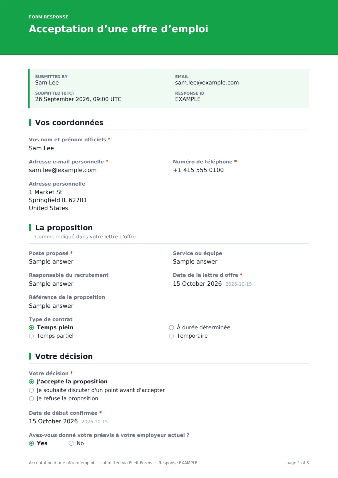 Acceptation d’une offre d’emploi — exemple de réponse au format PDF, page 1 sur 3