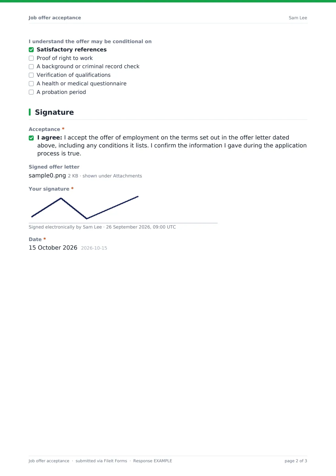 Job offer acceptance — example response PDF, page 2 of 3