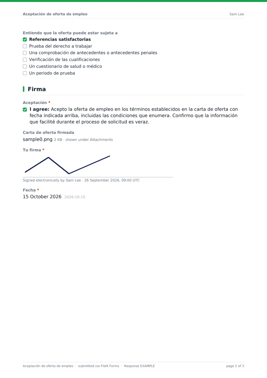 Aceptación de oferta de empleo — PDF de respuesta de ejemplo, página 2 de 3