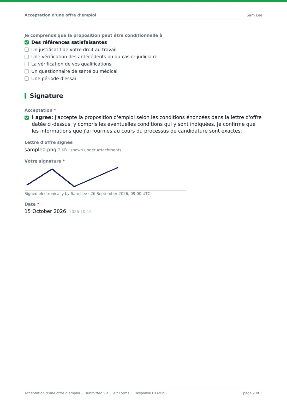 Acceptation d’une offre d’emploi — exemple de réponse au format PDF, page 2 sur 3