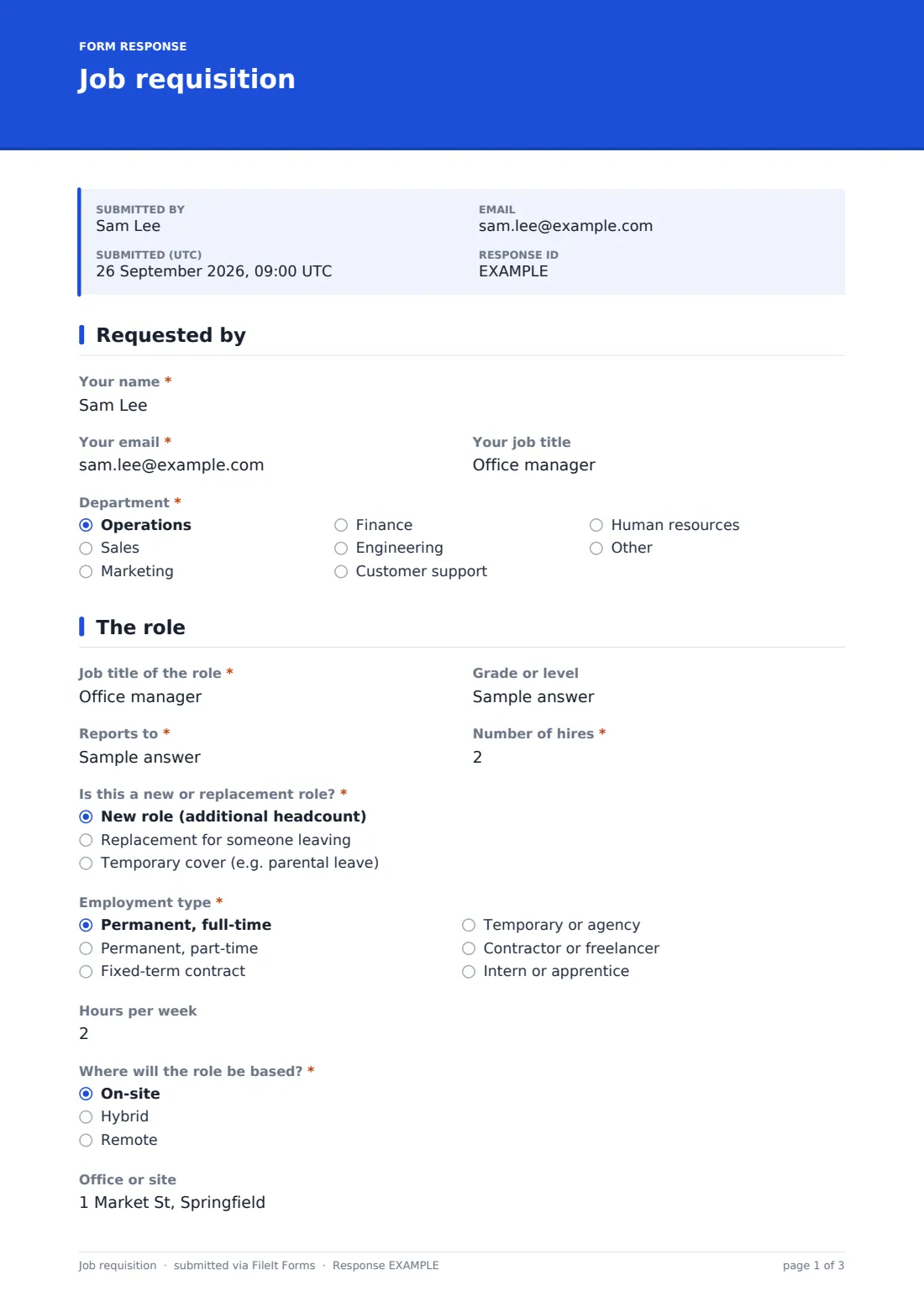 Job requisition — example response PDF, page 1 of 3