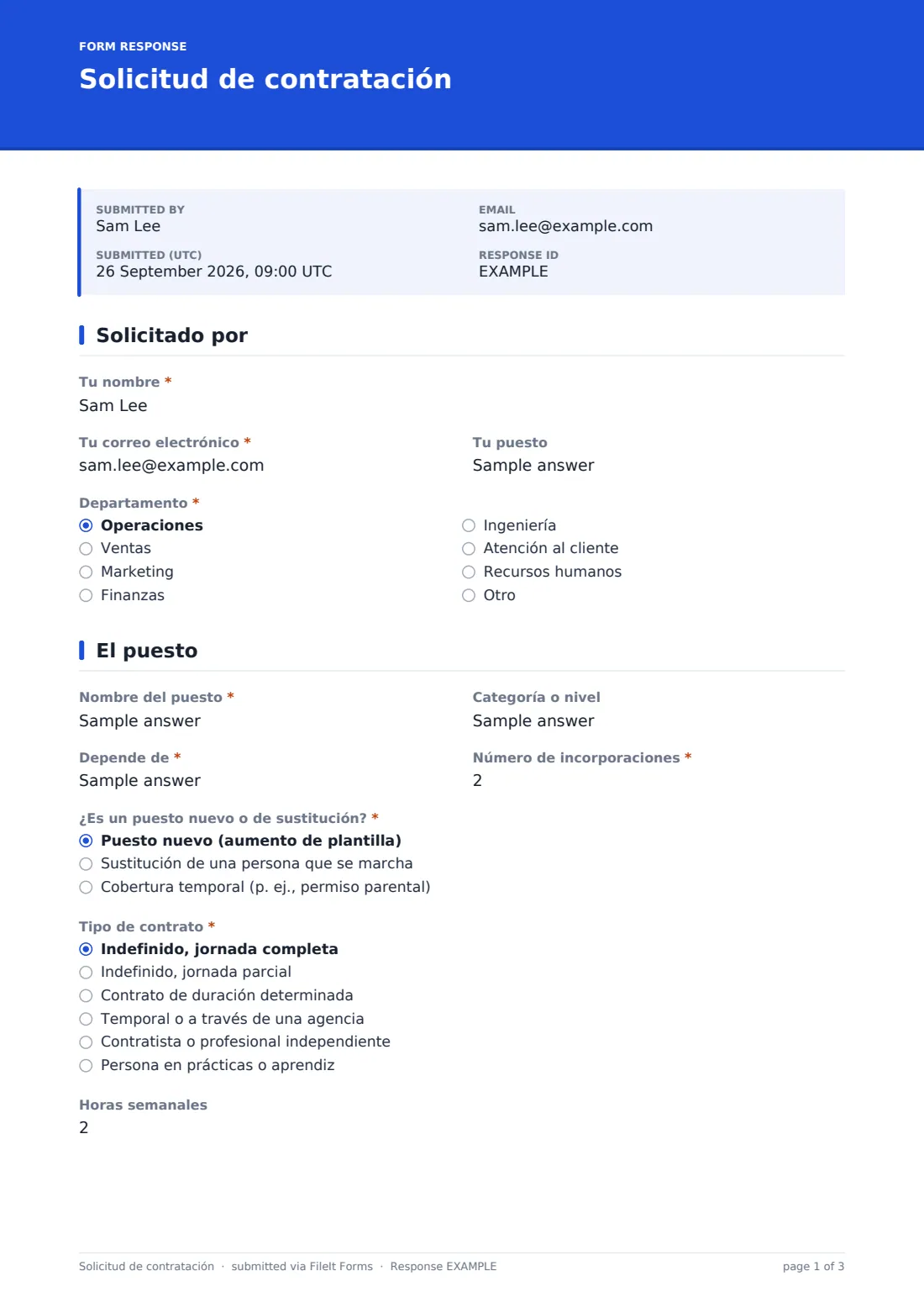 Solicitud de contratación — PDF de respuesta de ejemplo, página 1 de 3