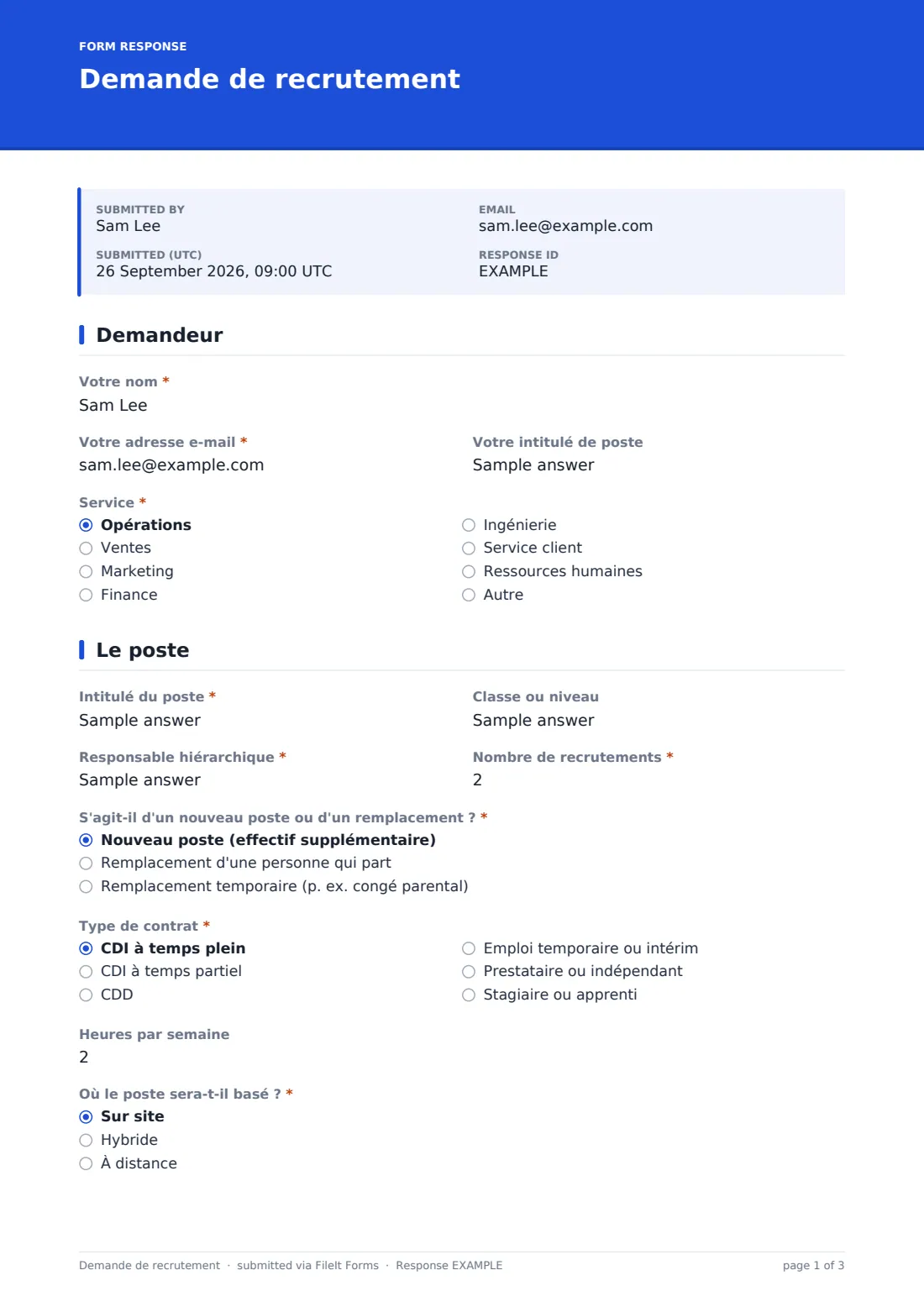 Demande de recrutement — exemple de réponse au format PDF, page 1 sur 3