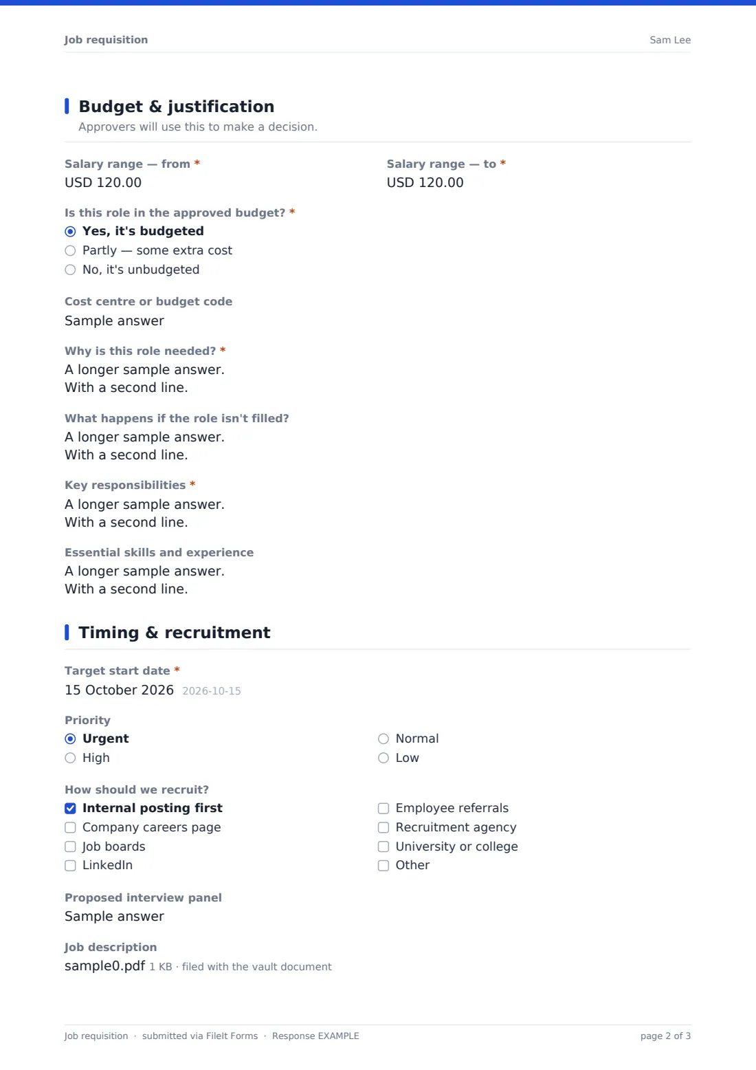 Job requisition — example response PDF, page 2 of 3