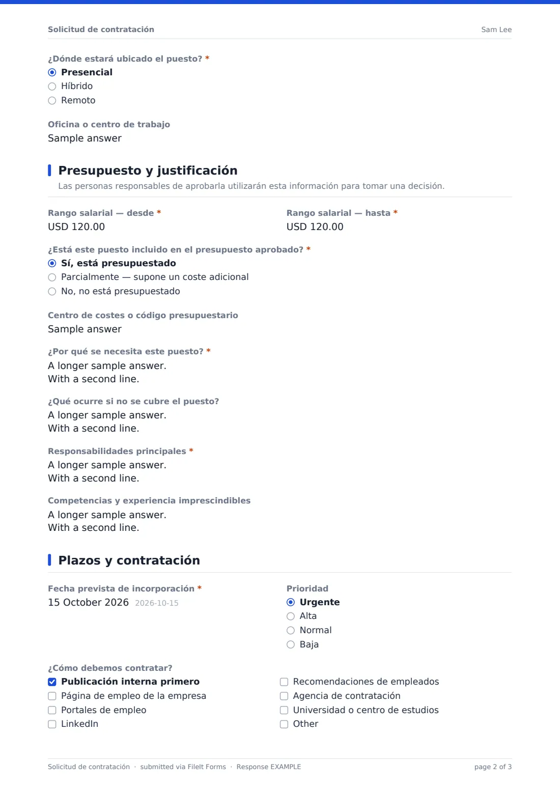 Solicitud de contratación — PDF de respuesta de ejemplo, página 2 de 3