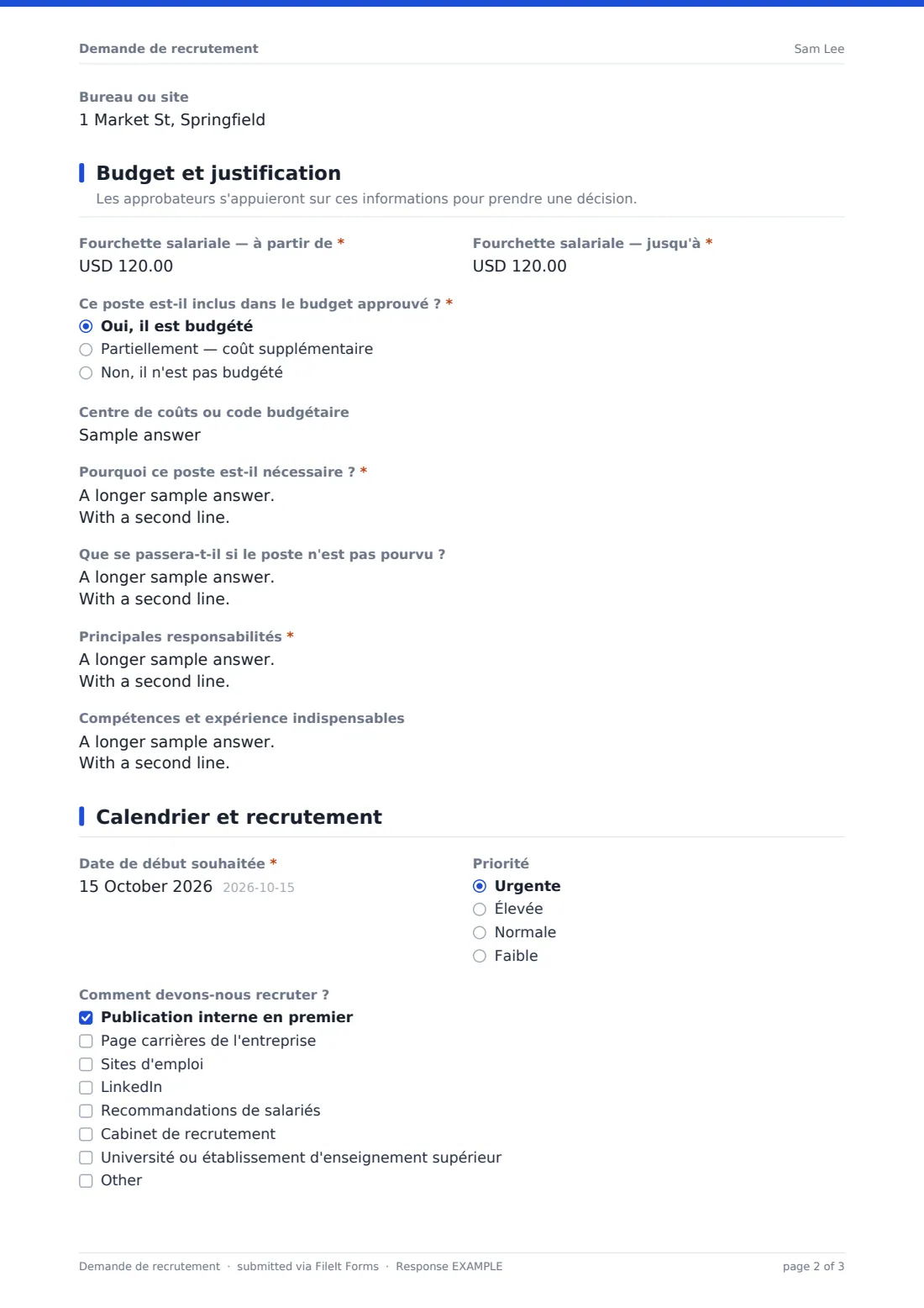 Demande de recrutement — exemple de réponse au format PDF, page 2 sur 3