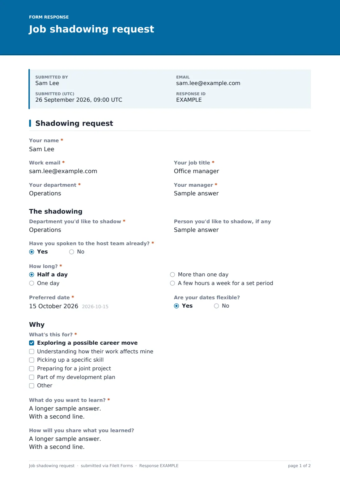 Job shadowing request — example response PDF, page 1 of 2