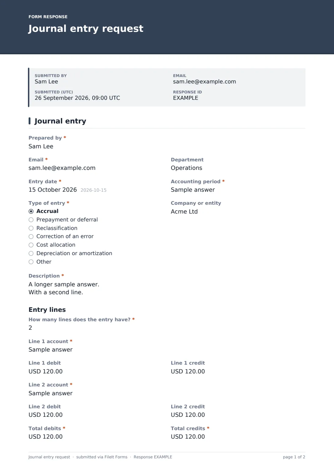 Journal entry request — example response PDF, page 1 of 2