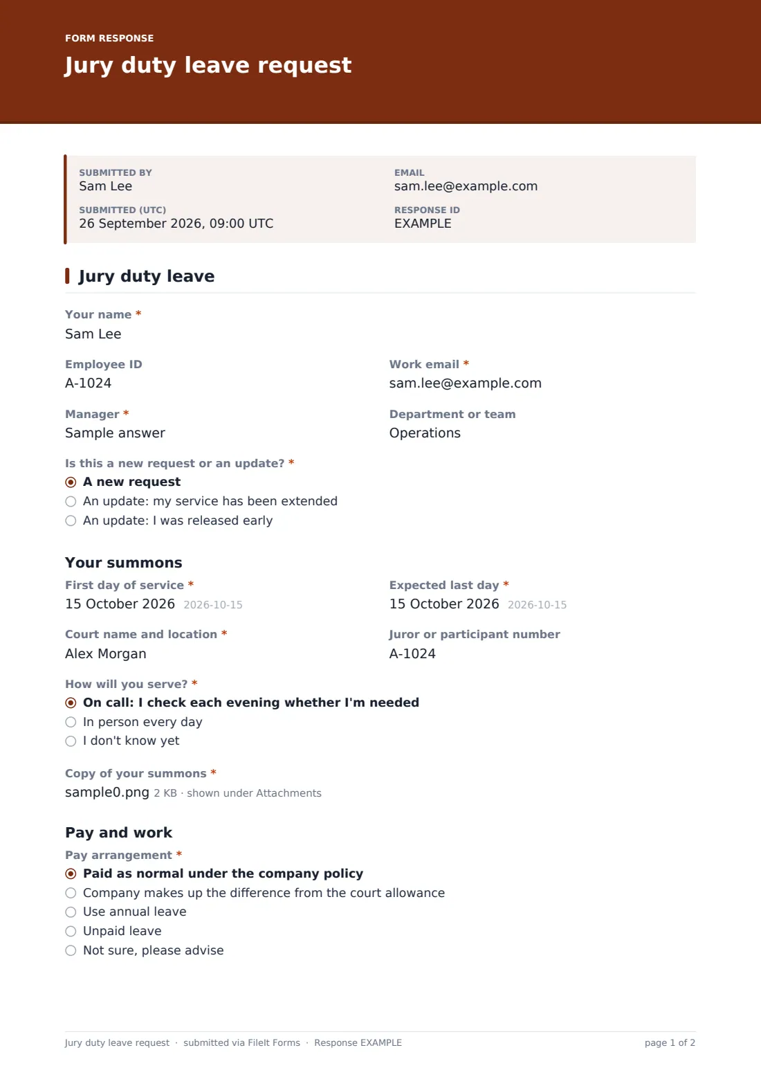 Jury duty leave request — example response PDF, page 1 of 2