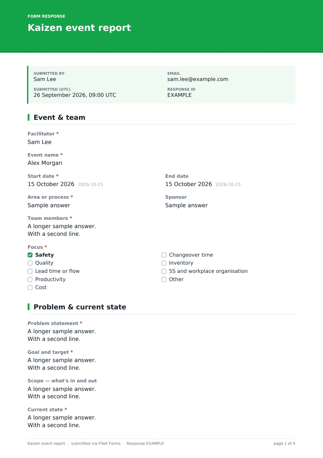 Kaizen event report — example response PDF, page 1 of 4