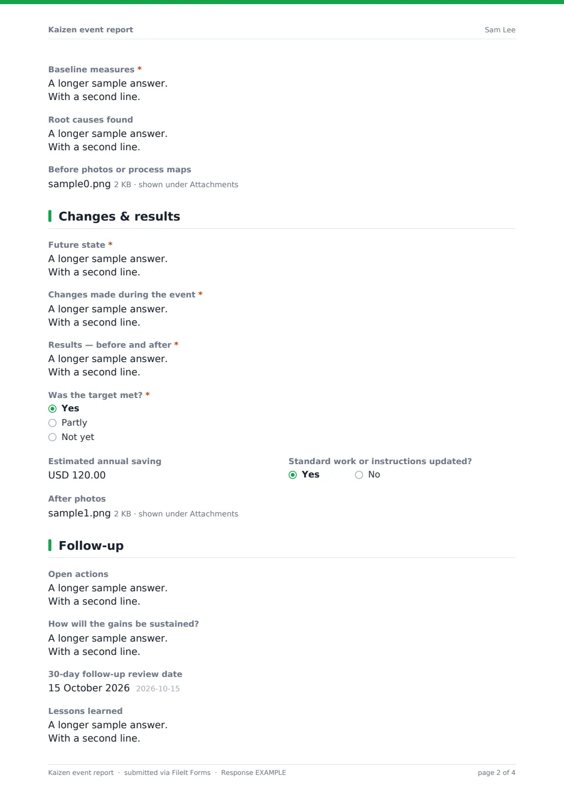 Kaizen event report — example response PDF, page 2 of 4