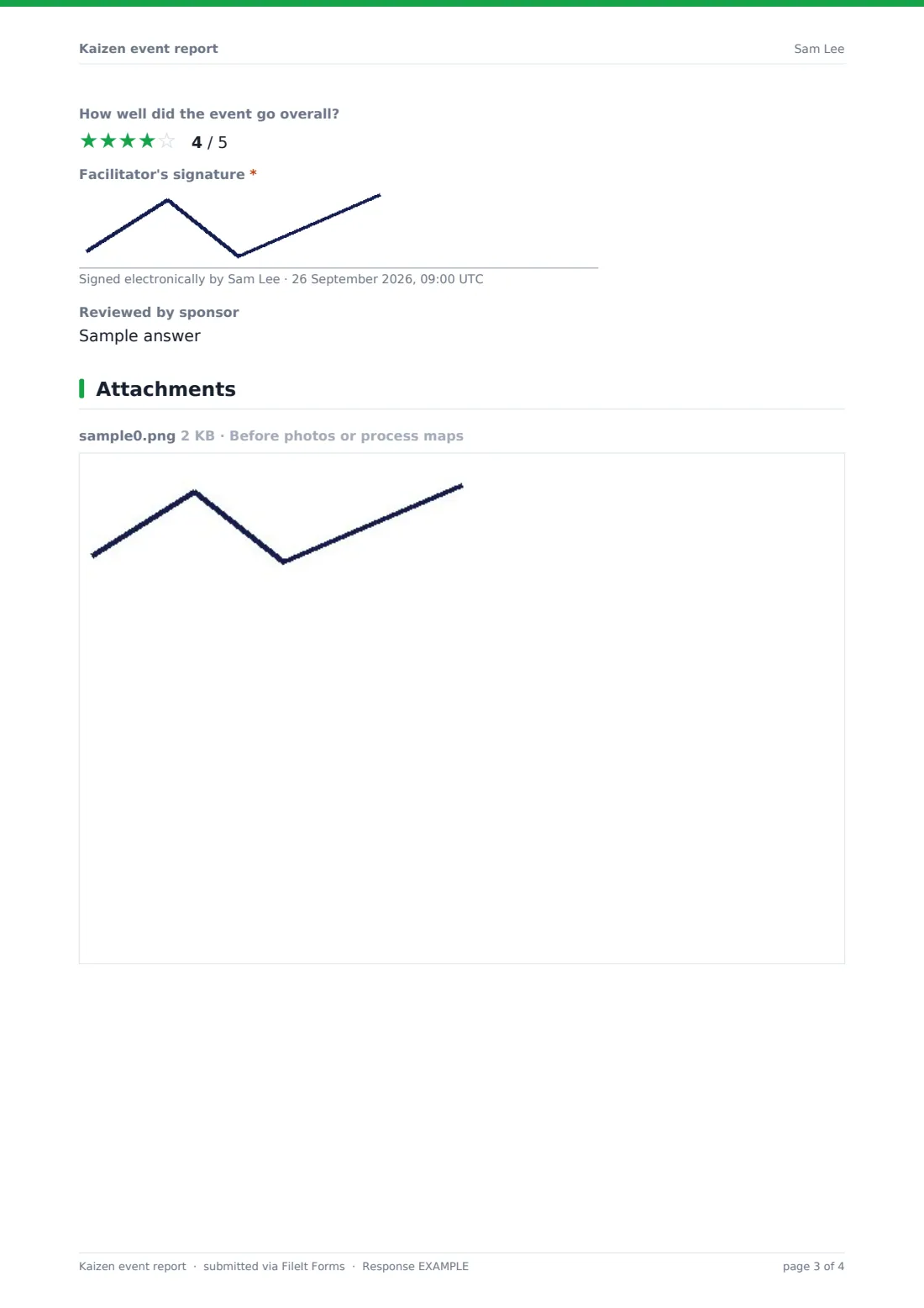 Kaizen event report — example response PDF, page 3 of 4