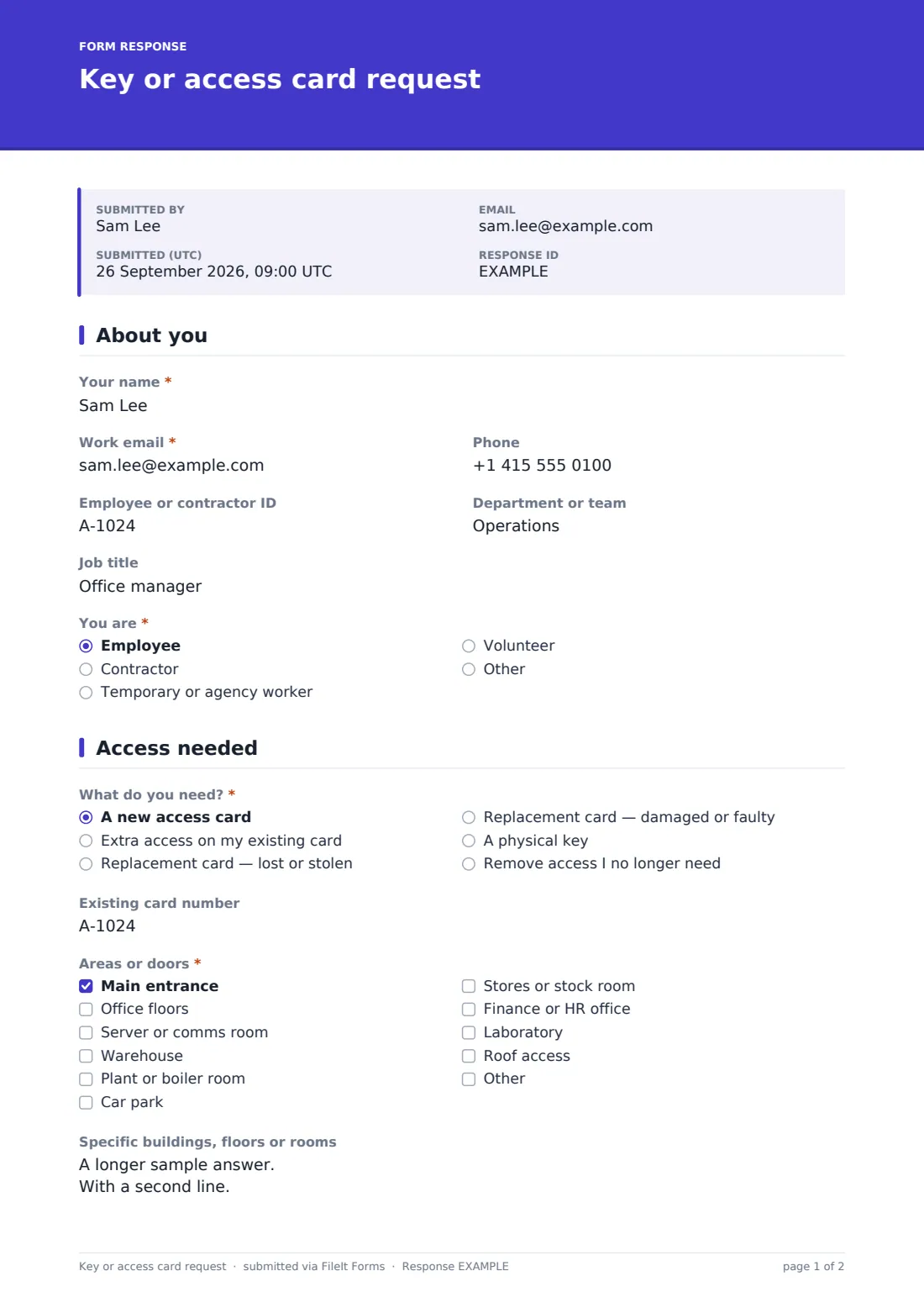 Key or access card request — example response PDF, page 1 of 2