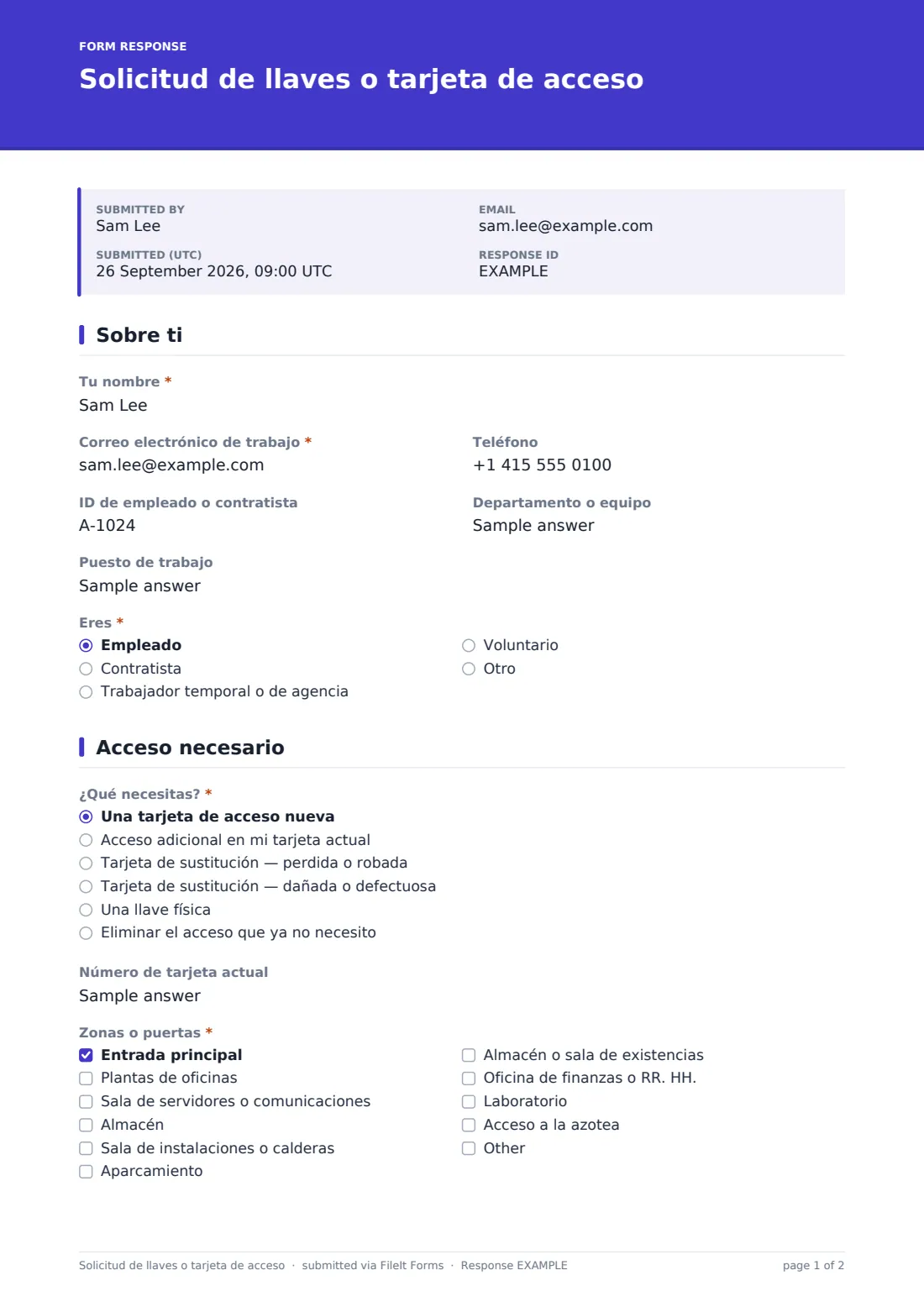 Solicitud de llaves o tarjeta de acceso — PDF de respuesta de ejemplo, página 1 de 2