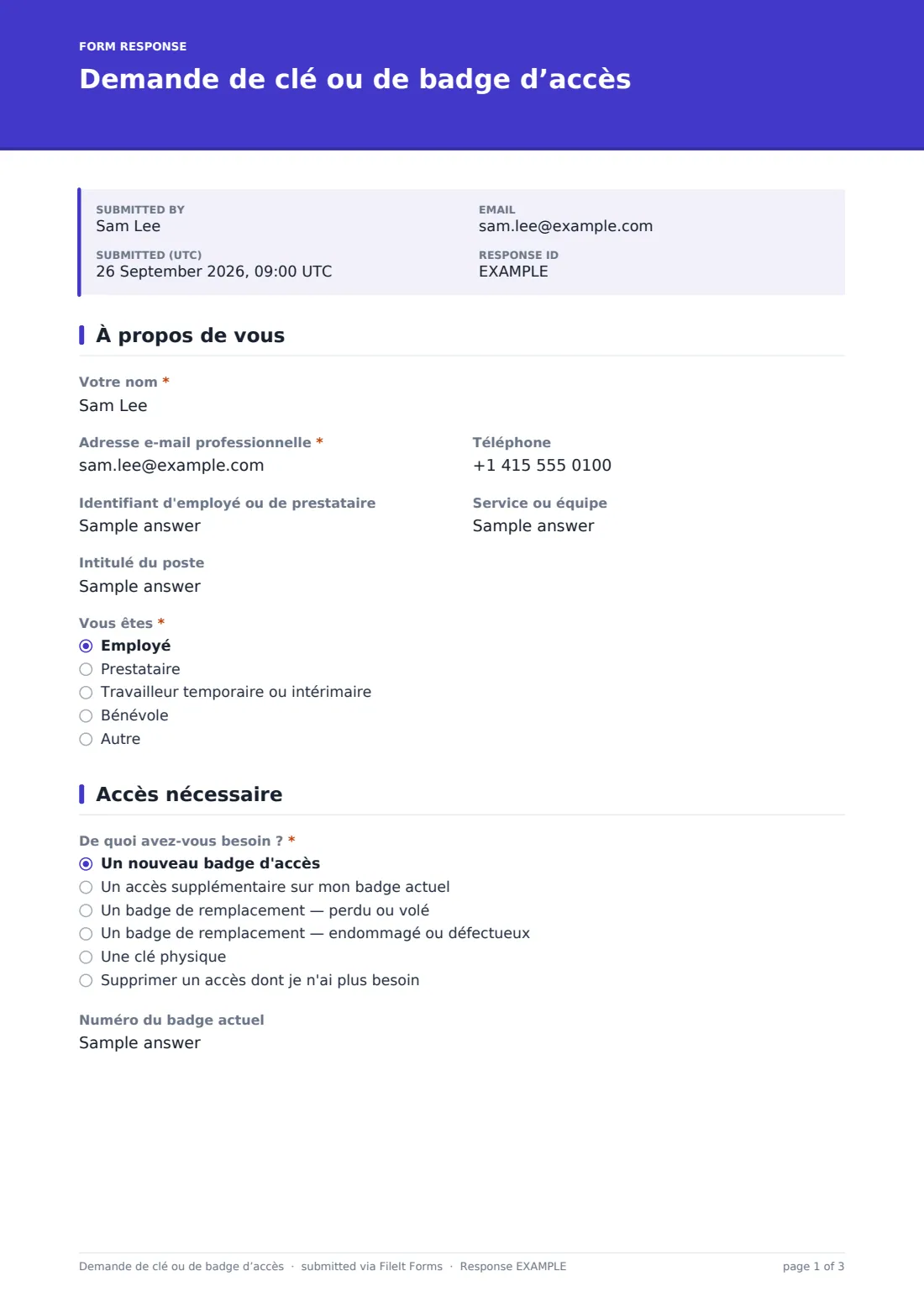 Demande de clé ou de badge d’accès — exemple de réponse au format PDF, page 1 sur 3
