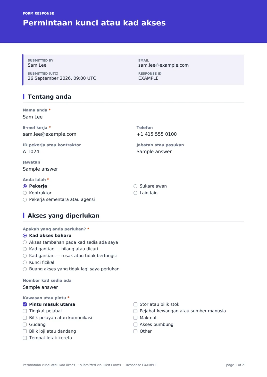 Permintaan kunci atau kad akses — PDF respons contoh, halaman 1 daripada 2