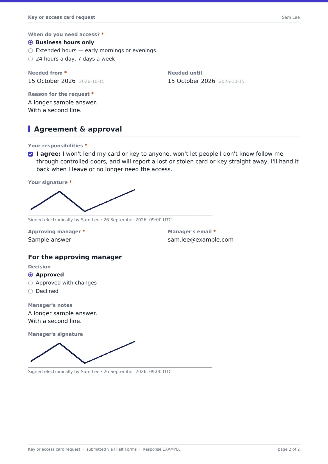 Key or access card request — example response PDF, page 2 of 2