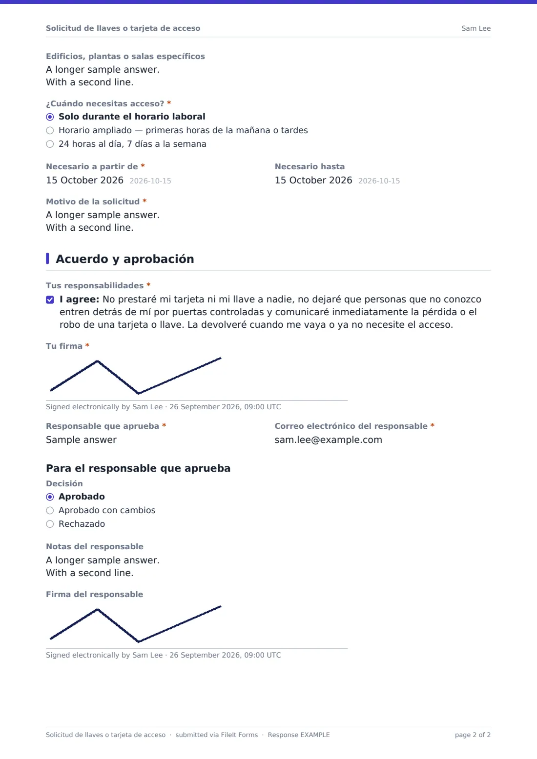 Solicitud de llaves o tarjeta de acceso — PDF de respuesta de ejemplo, página 2 de 2