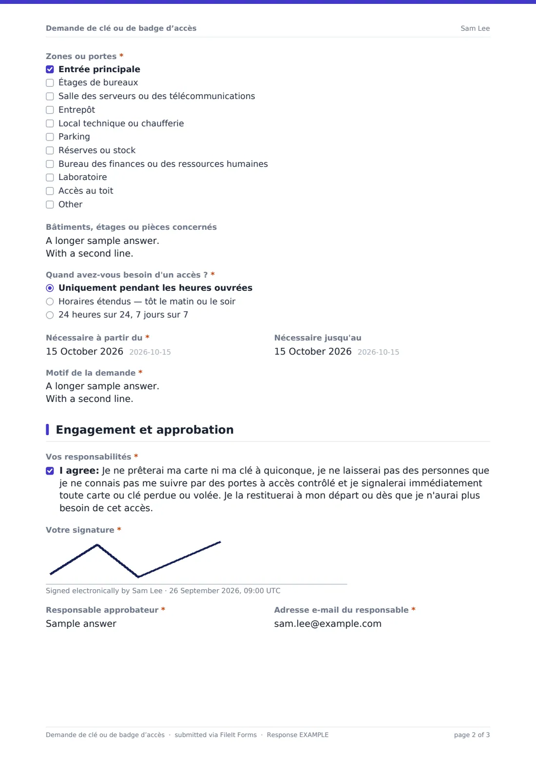 Demande de clé ou de badge d’accès — exemple de réponse au format PDF, page 2 sur 3