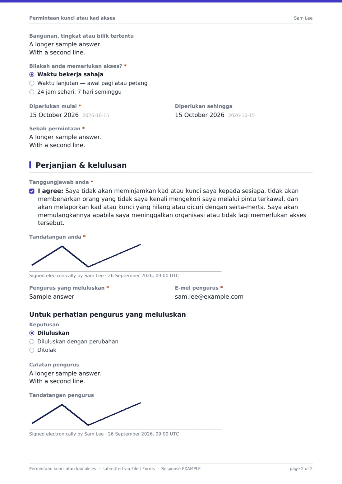 Permintaan kunci atau kad akses — PDF respons contoh, halaman 2 daripada 2