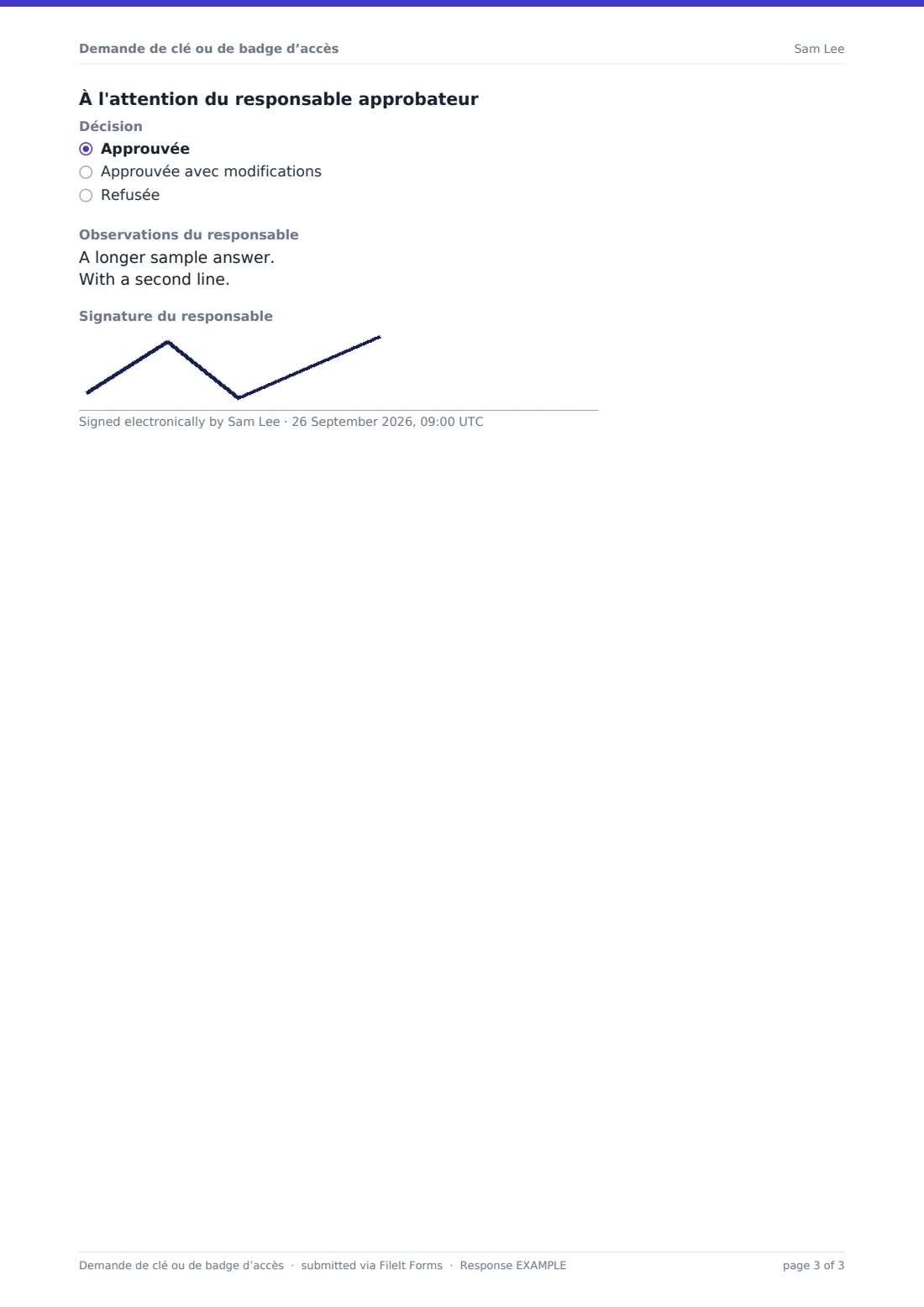 Demande de clé ou de badge d’accès — exemple de réponse au format PDF, page 3 sur 3