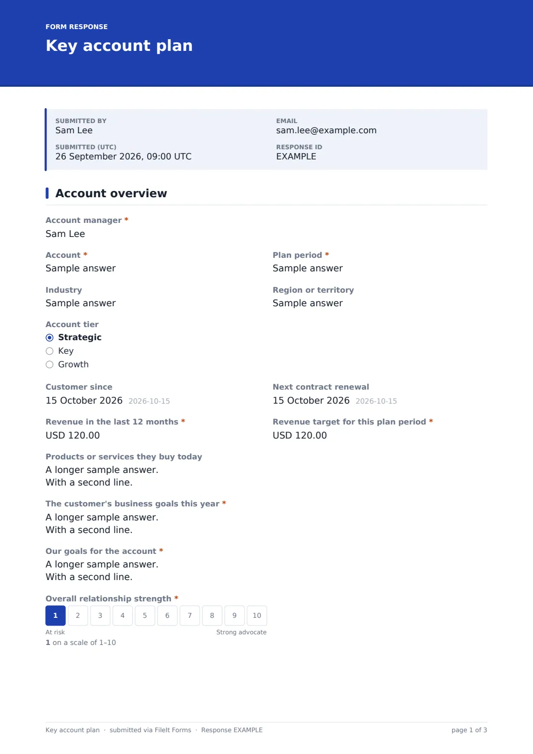 Key account plan — example response PDF, page 1 of 3
