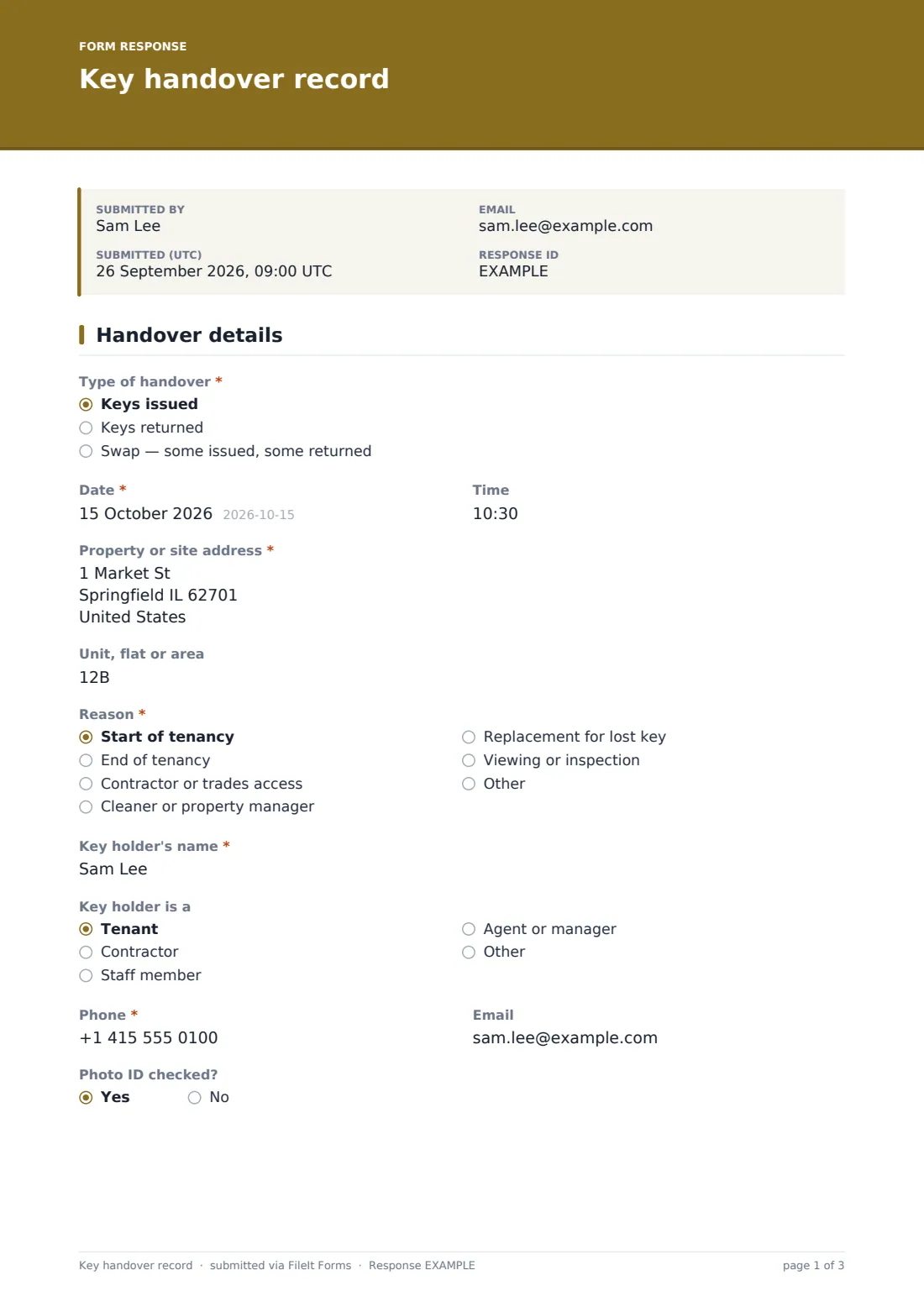 Key handover record — example response PDF, page 1 of 3