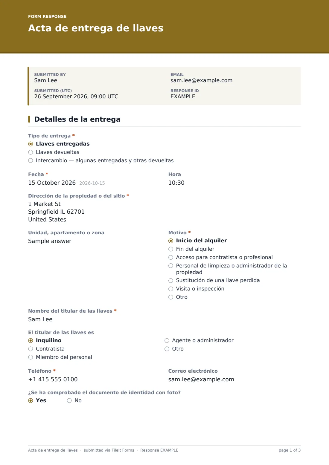 Acta de entrega de llaves — PDF de respuesta de ejemplo, página 1 de 3