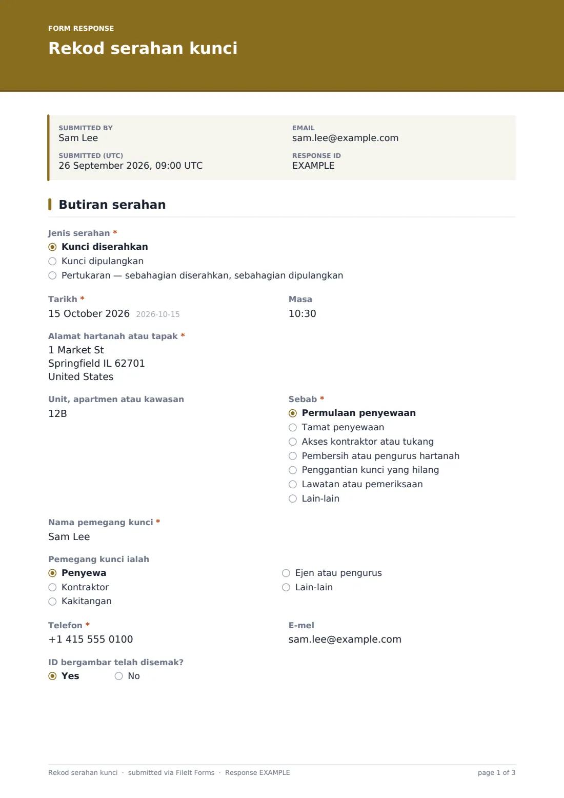 Rekod serahan kunci — PDF respons contoh, halaman 1 daripada 3