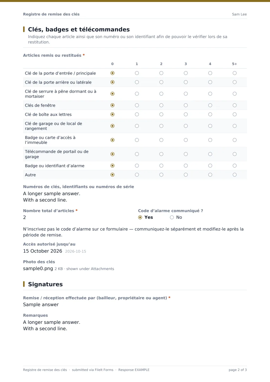 Registre de remise des clés — exemple de réponse au format PDF, page 2 sur 3