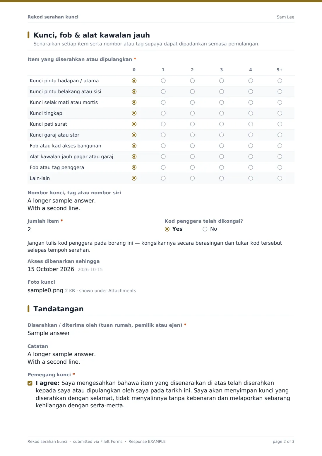 Rekod serahan kunci — PDF respons contoh, halaman 2 daripada 3