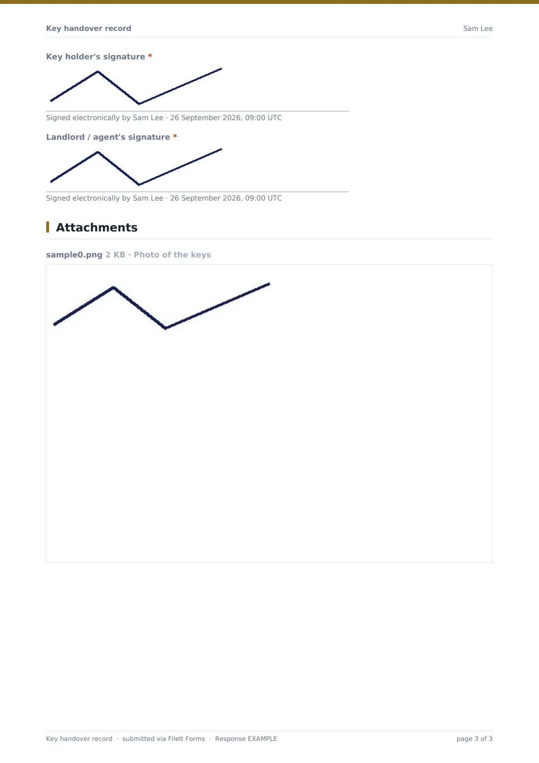 Key handover record — example response PDF, page 3 of 3
