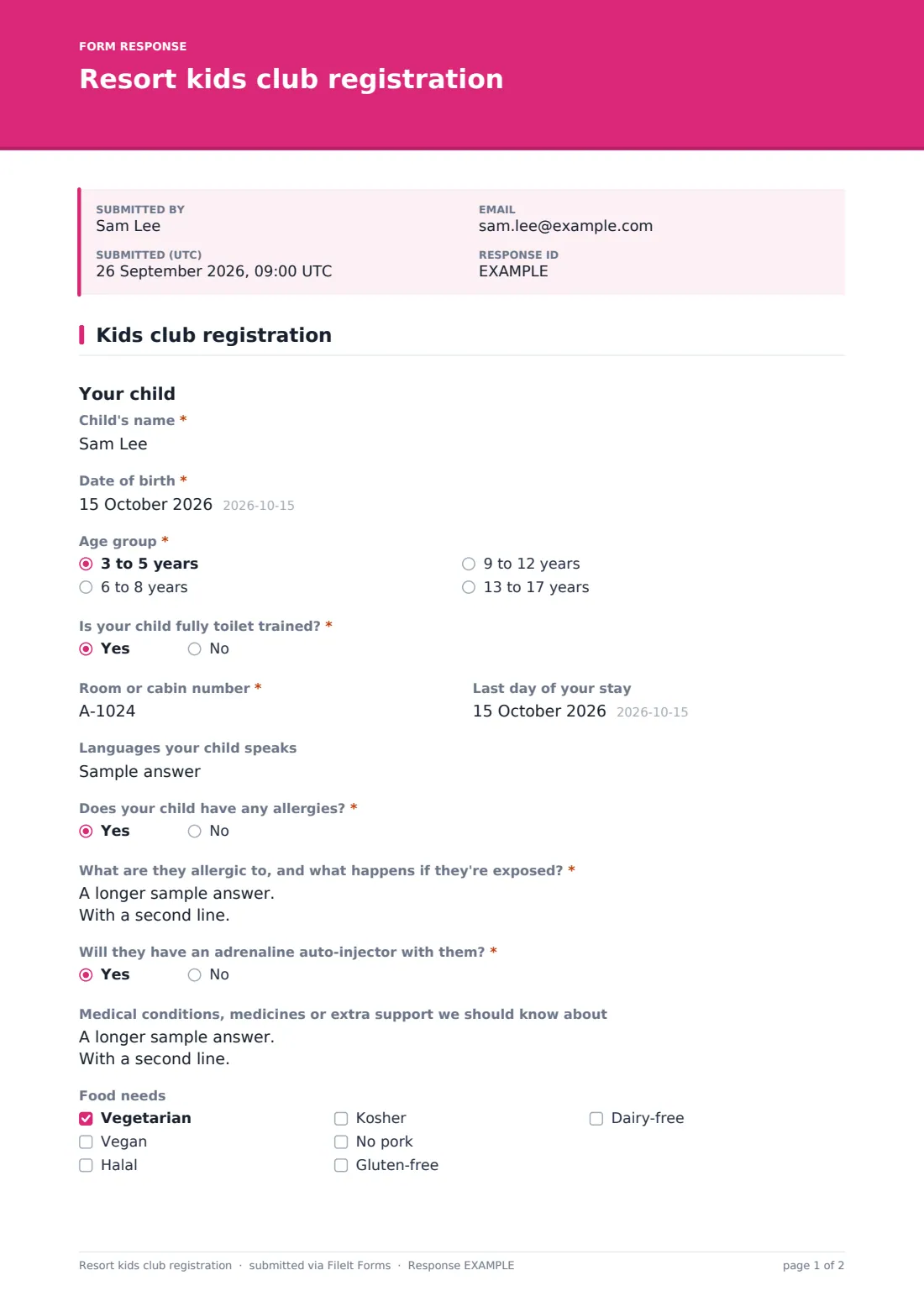Resort kids club registration — example response PDF, page 1 of 2