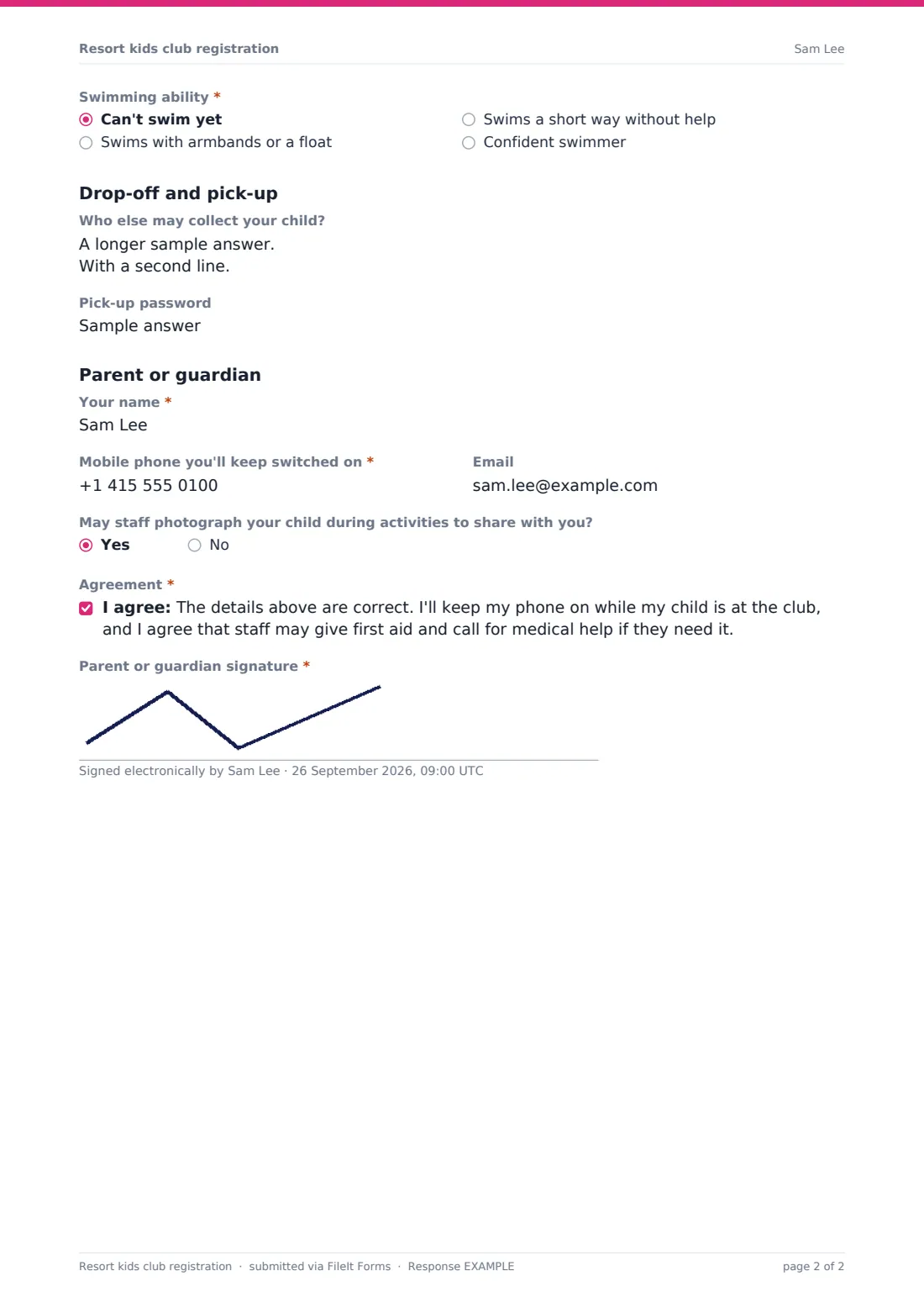 Resort kids club registration — example response PDF, page 2 of 2