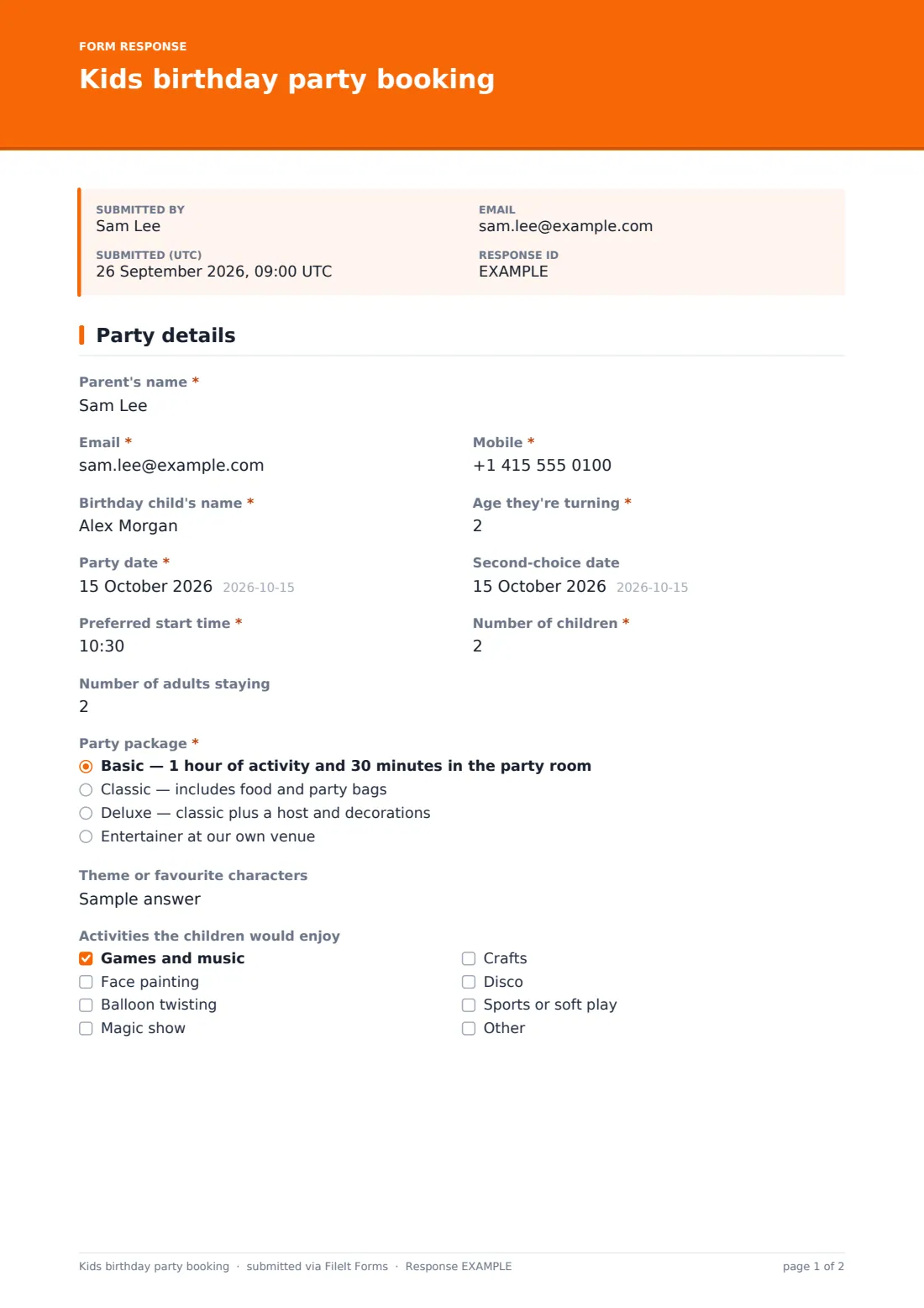 Kids birthday party booking — example response PDF, page 1 of 2