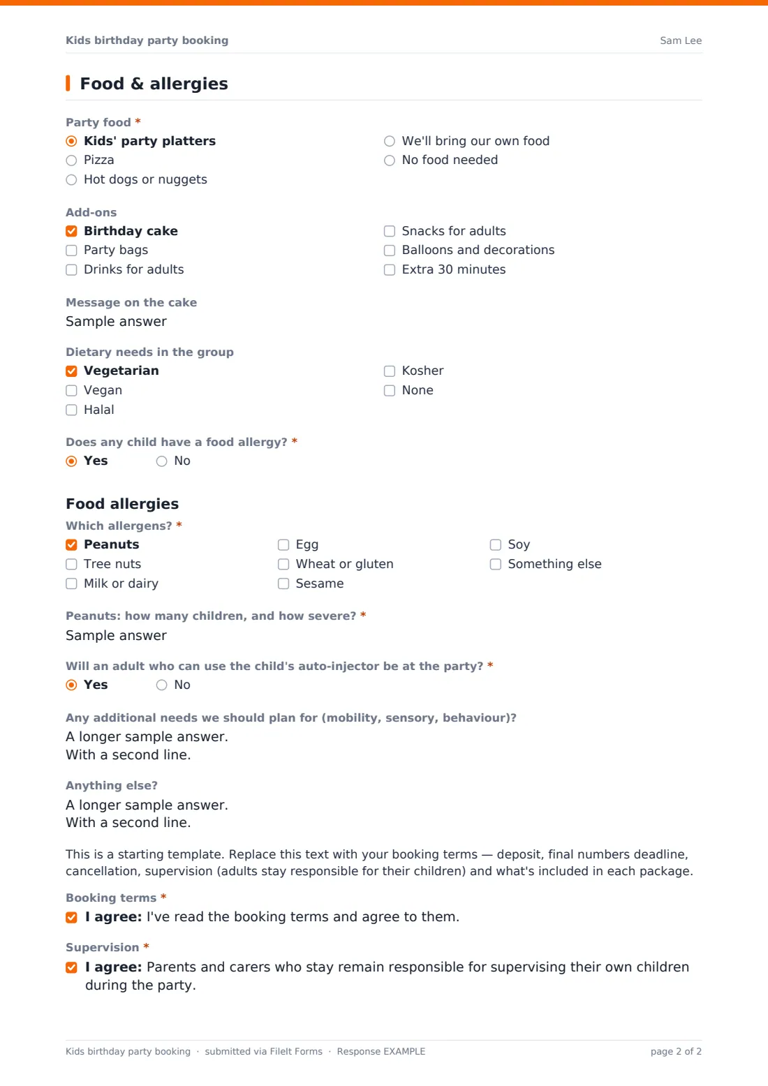 Kids birthday party booking — example response PDF, page 2 of 2