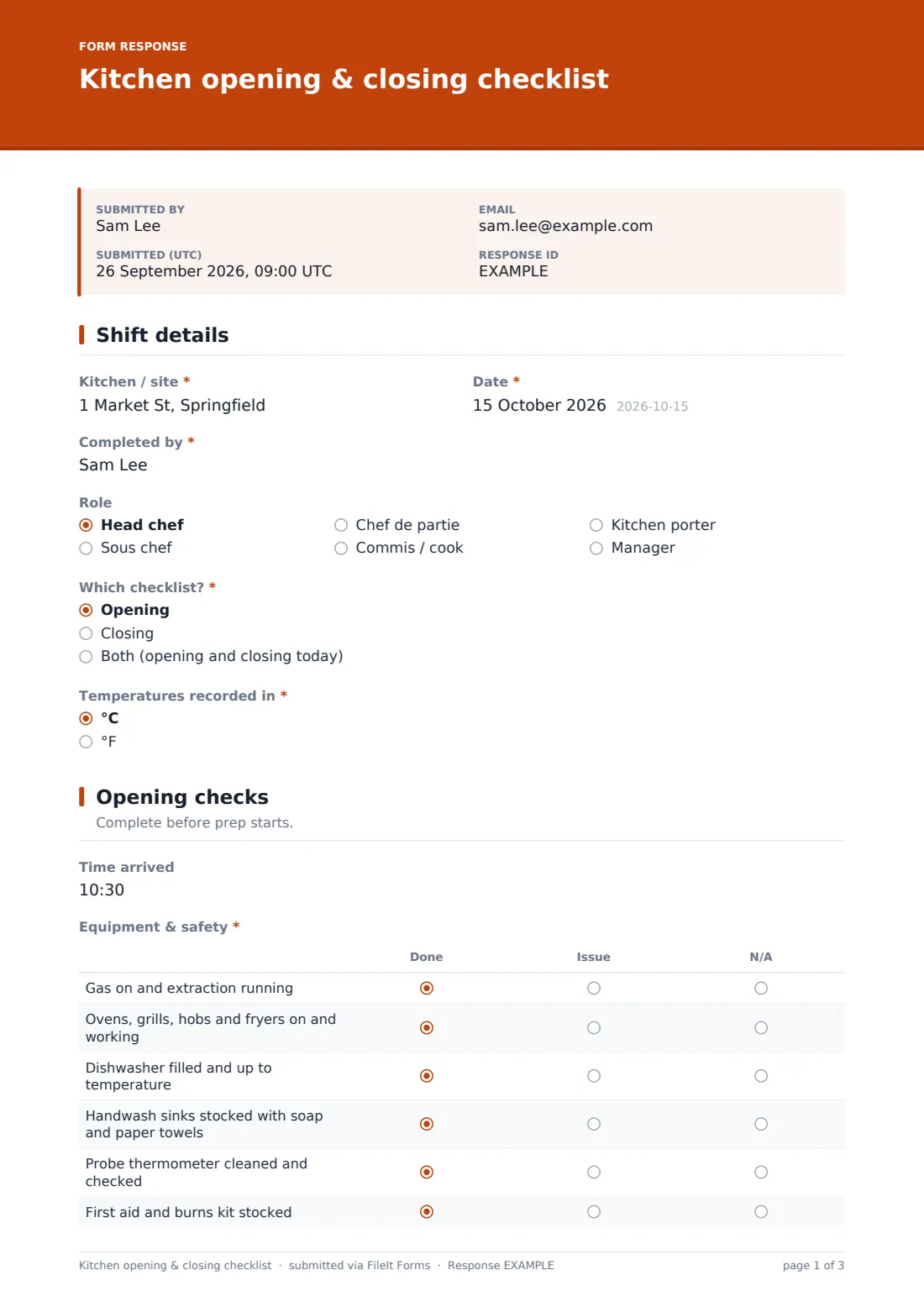 Kitchen opening & closing checklist — example response PDF, page 1 of 3