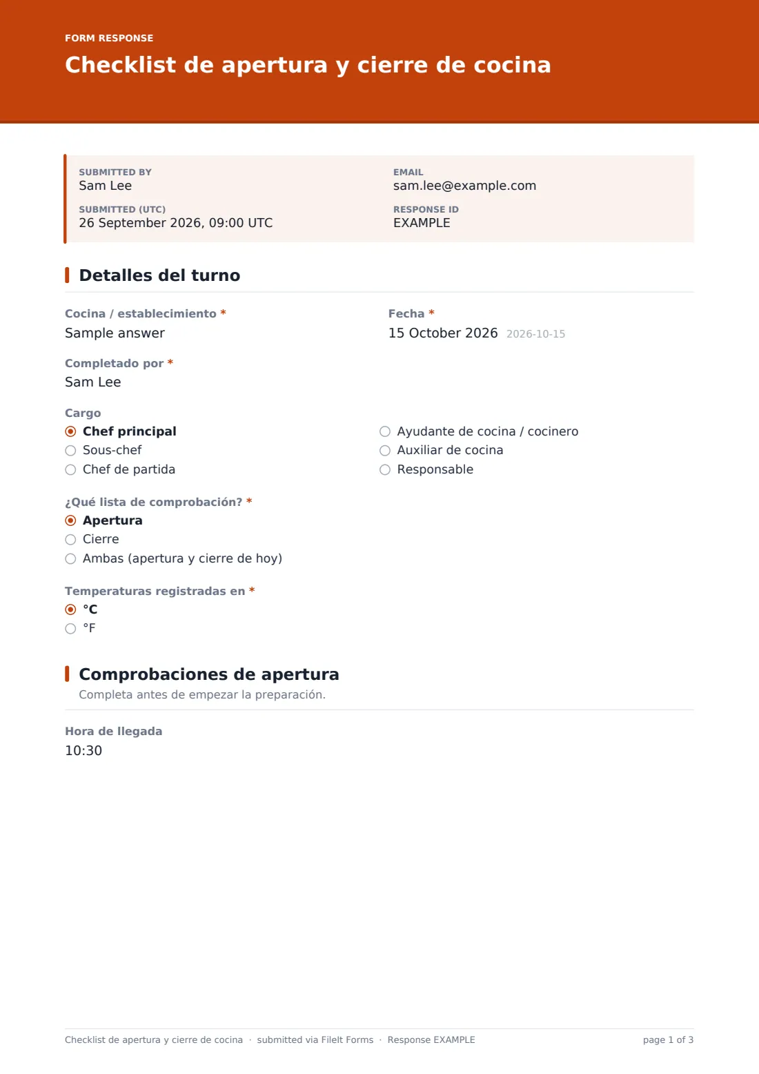 Checklist de apertura y cierre de cocina — PDF de respuesta de ejemplo, página 1 de 3