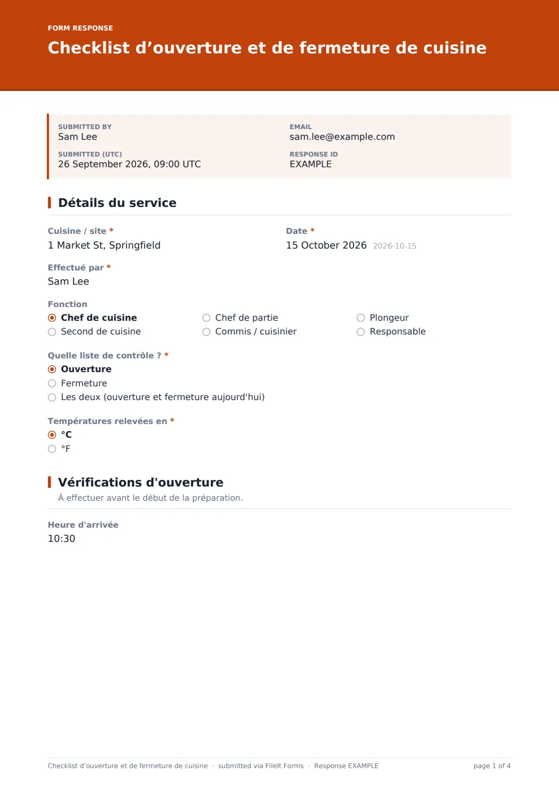 Checklist d’ouverture et de fermeture de cuisine — exemple de réponse au format PDF, page 1 sur 4