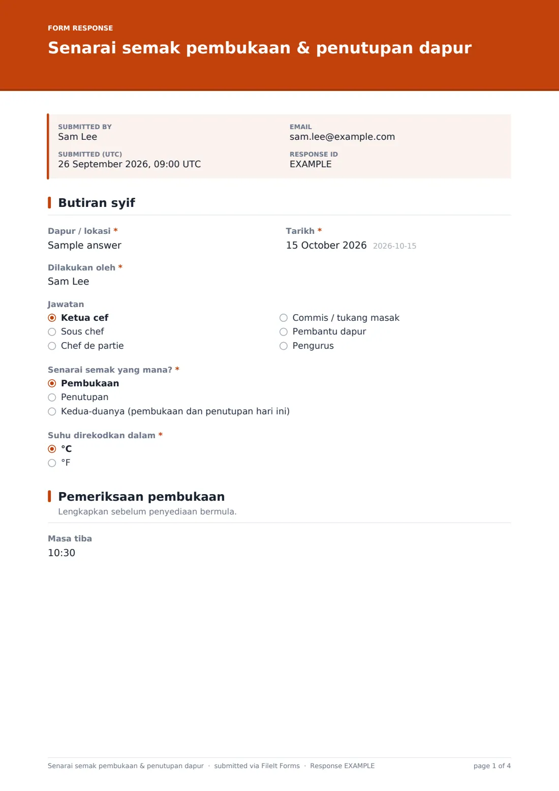Senarai semak pembukaan & penutupan dapur — PDF respons contoh, halaman 1 daripada 4