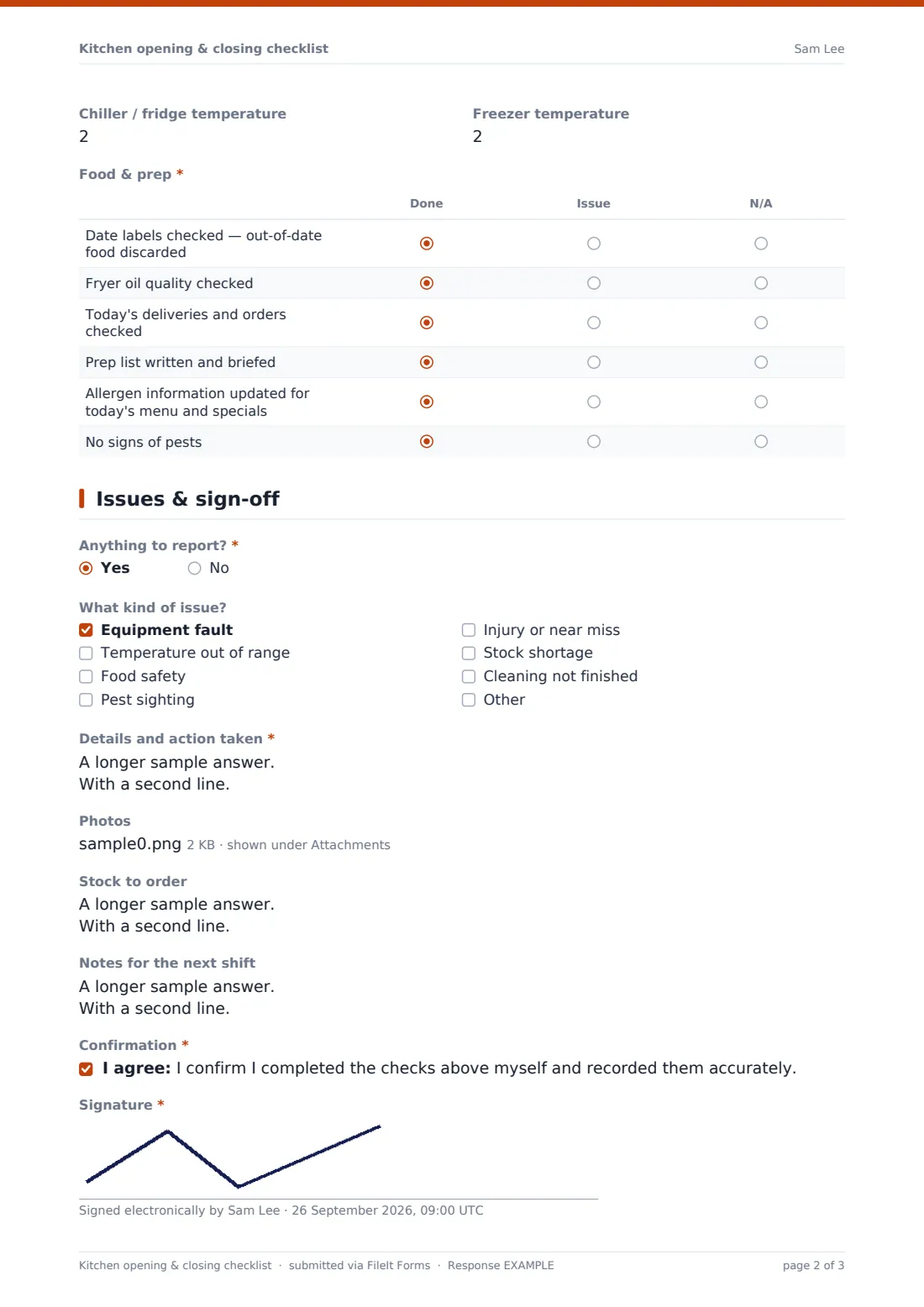 Kitchen opening & closing checklist — example response PDF, page 2 of 3