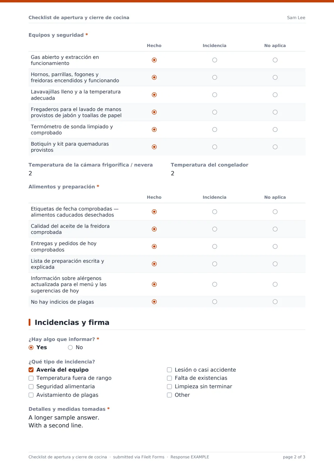 Checklist de apertura y cierre de cocina — PDF de respuesta de ejemplo, página 2 de 3