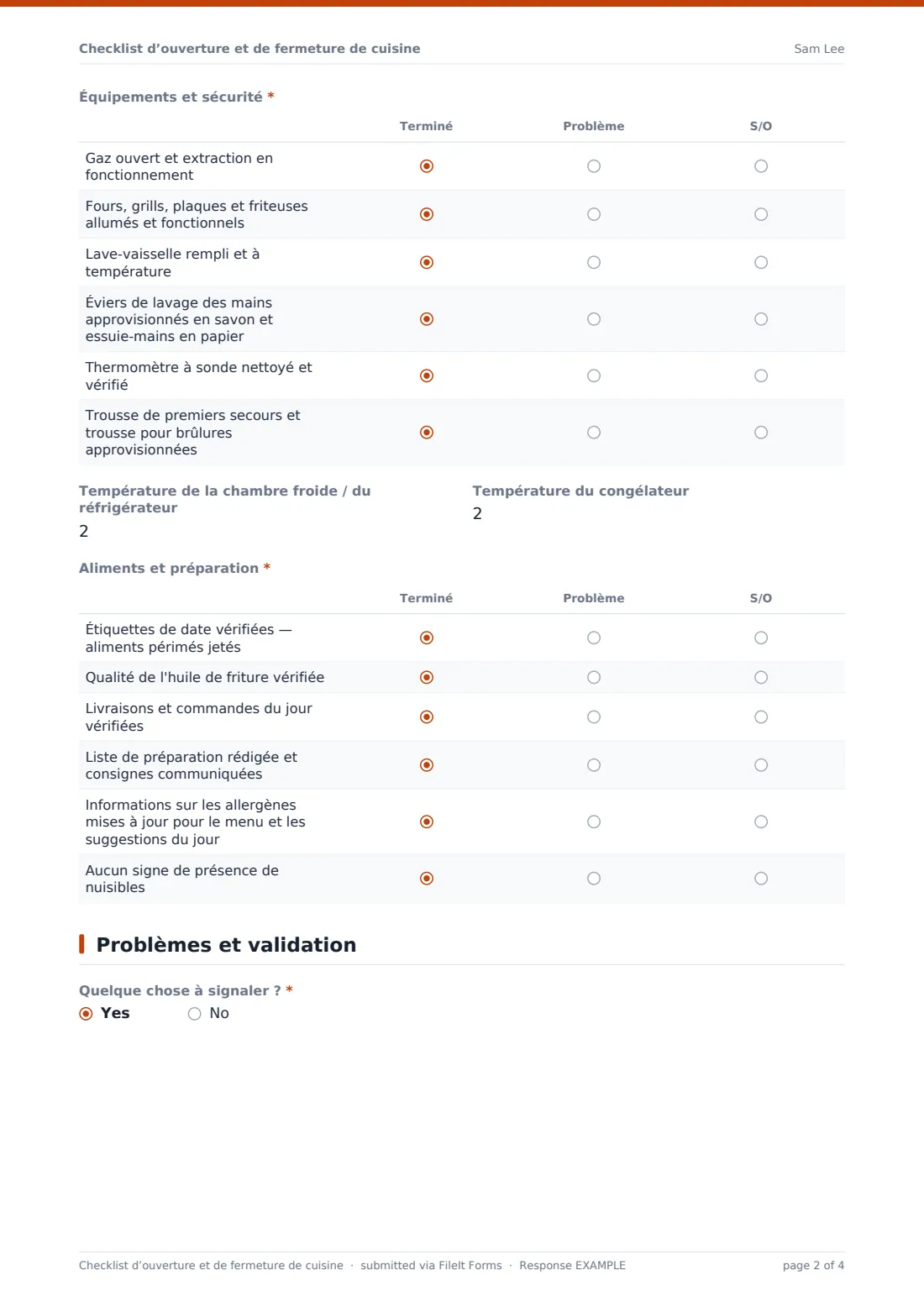 Checklist d’ouverture et de fermeture de cuisine — exemple de réponse au format PDF, page 2 sur 4