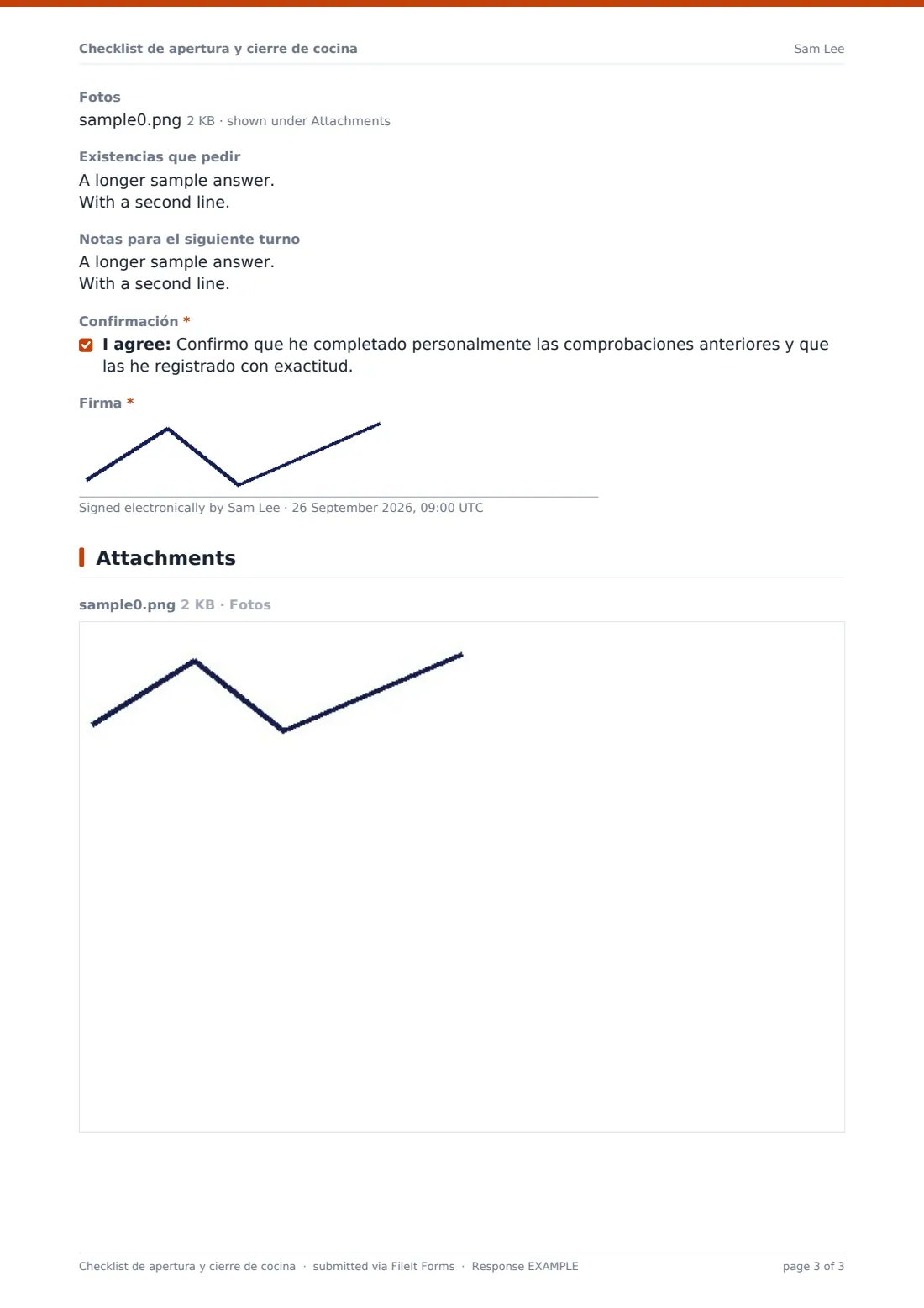 Checklist de apertura y cierre de cocina — PDF de respuesta de ejemplo, página 3 de 3